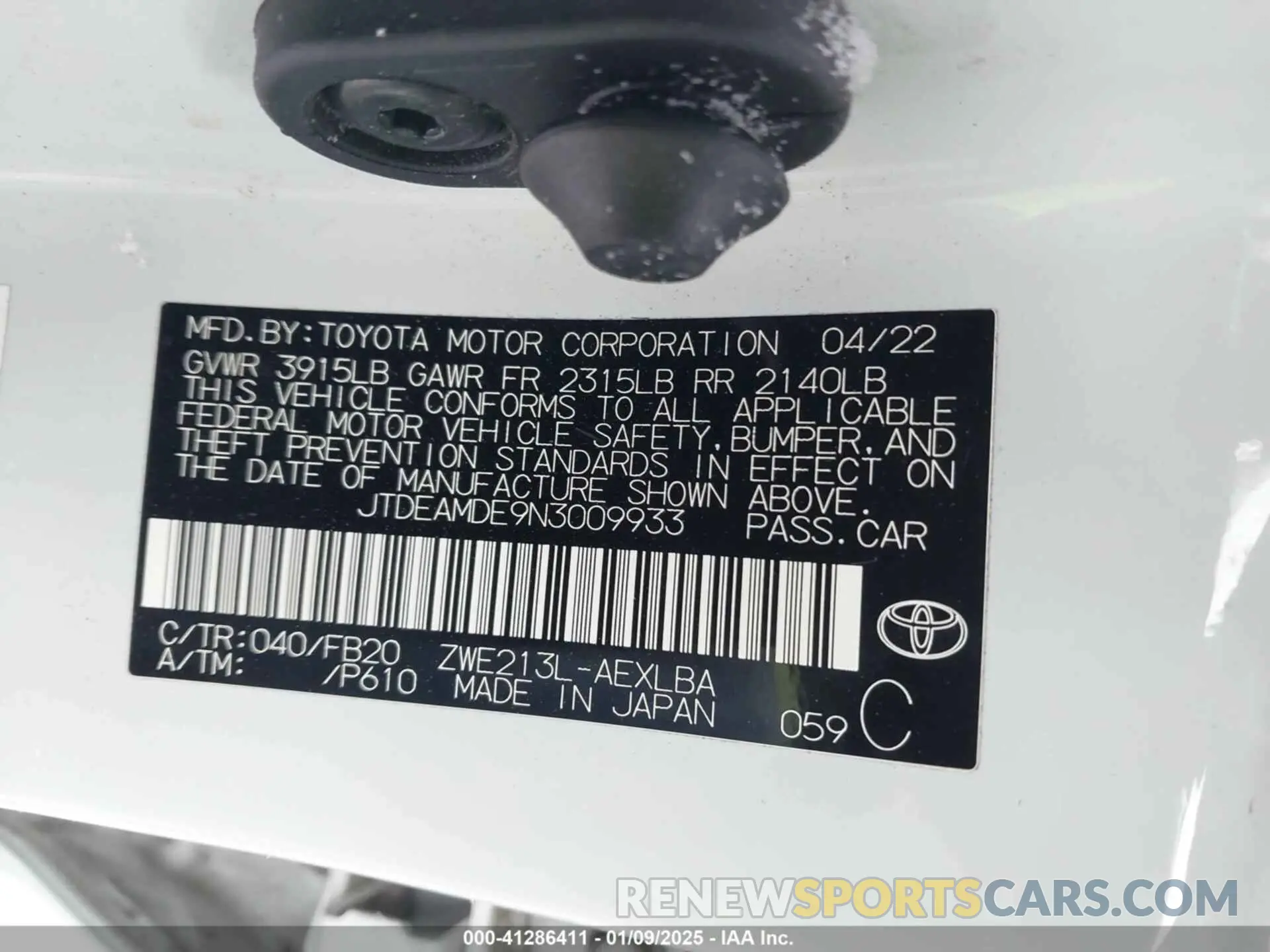 9 Photograph of a damaged car JTDEAMDE9N3009933 TOYOTA COROLLA 2022