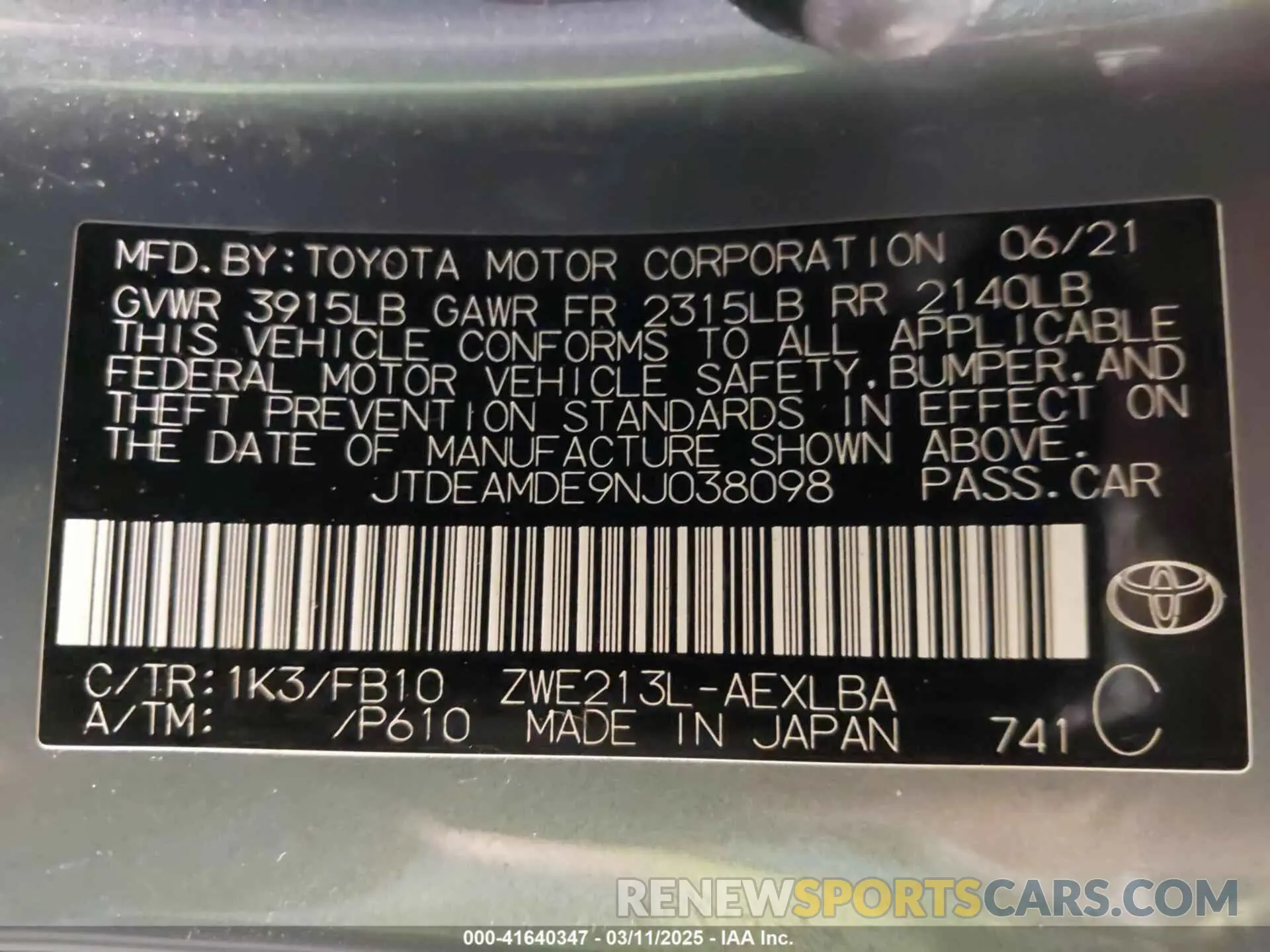 9 Photograph of a damaged car JTDEAMDE9NJ038098 TOYOTA COROLLA 2022