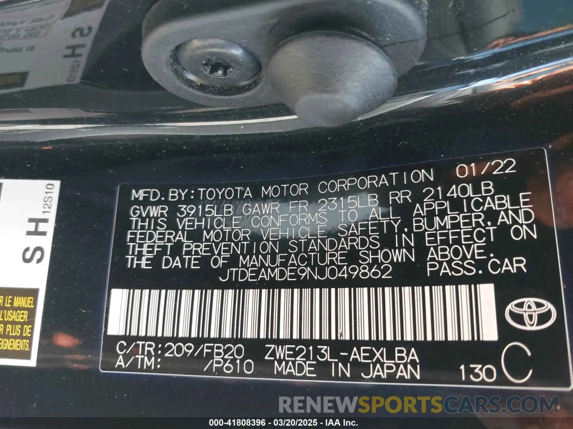9 Photograph of a damaged car JTDEAMDE9NJ049862 TOYOTA COROLLA 2022