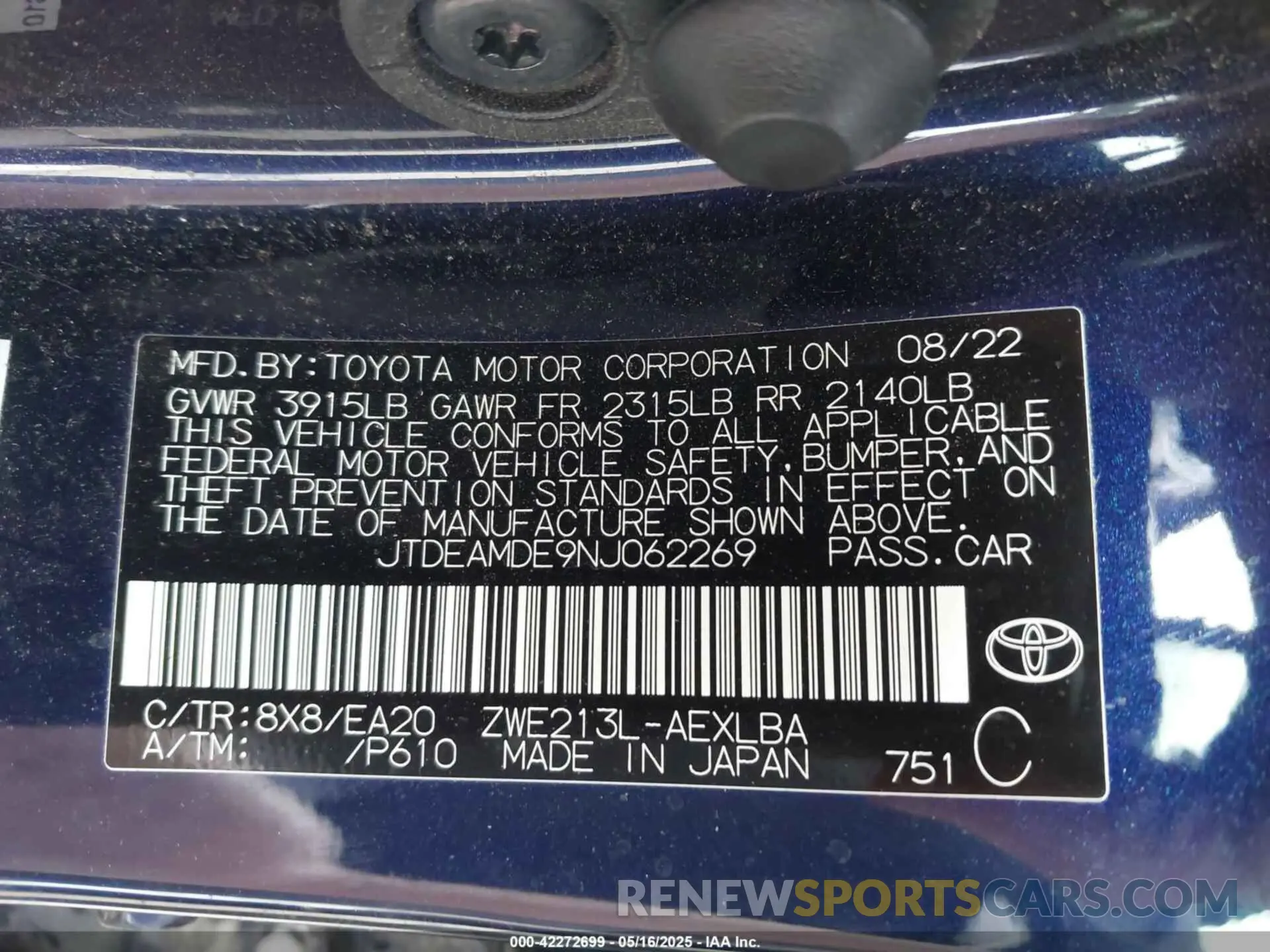 9 Photograph of a damaged car JTDEAMDE9NJ062269 TOYOTA COROLLA 2022