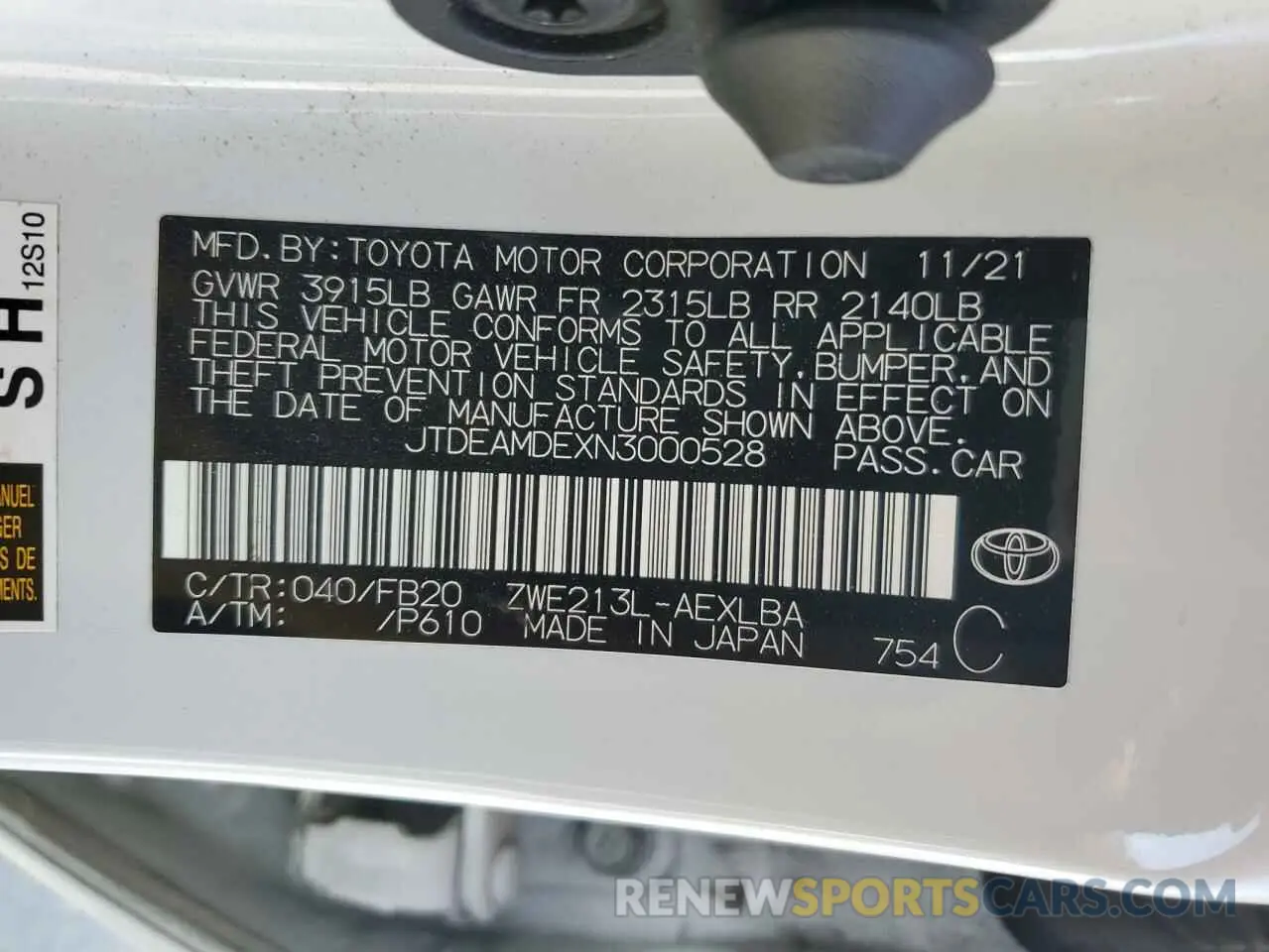 12 Photograph of a damaged car JTDEAMDEXN3000528 TOYOTA COROLLA 2022