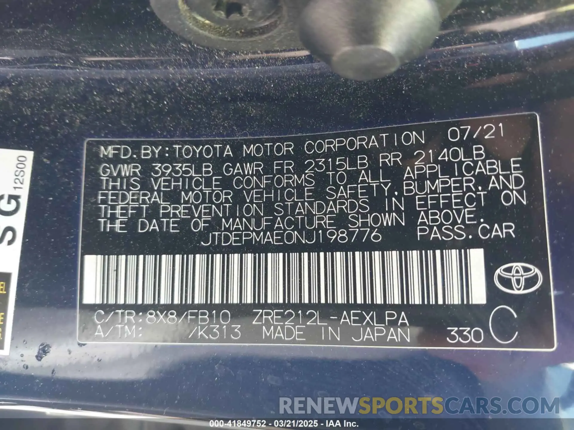 8 Photograph of a damaged car JTDEPMAE0NJ198776 TOYOTA COROLLA 2022