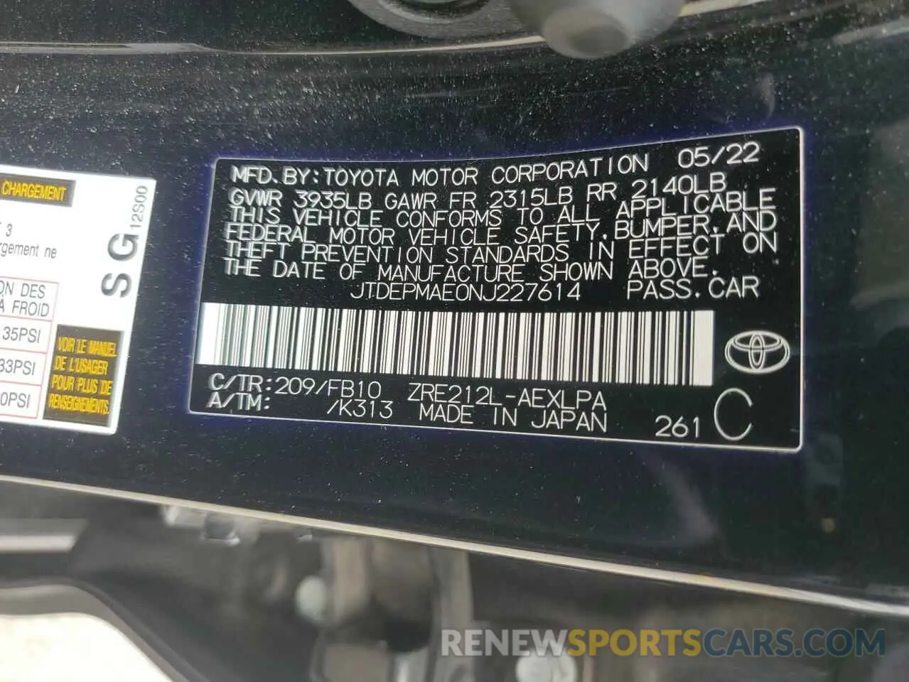 12 Photograph of a damaged car JTDEPMAE0NJ227614 TOYOTA COROLLA 2022