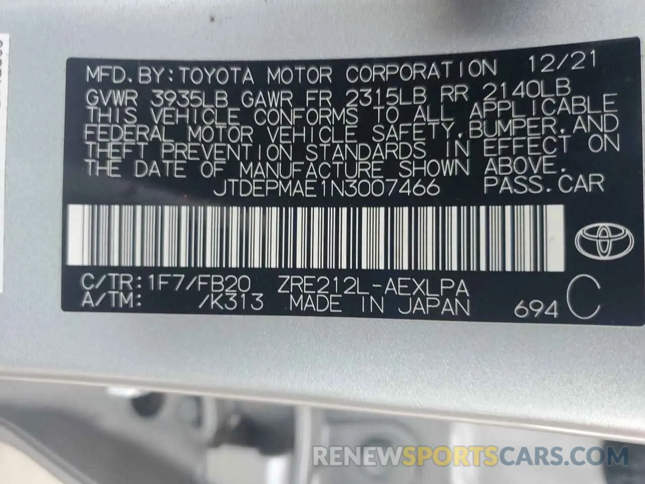12 Photograph of a damaged car JTDEPMAE1N3007466 TOYOTA COROLLA 2022