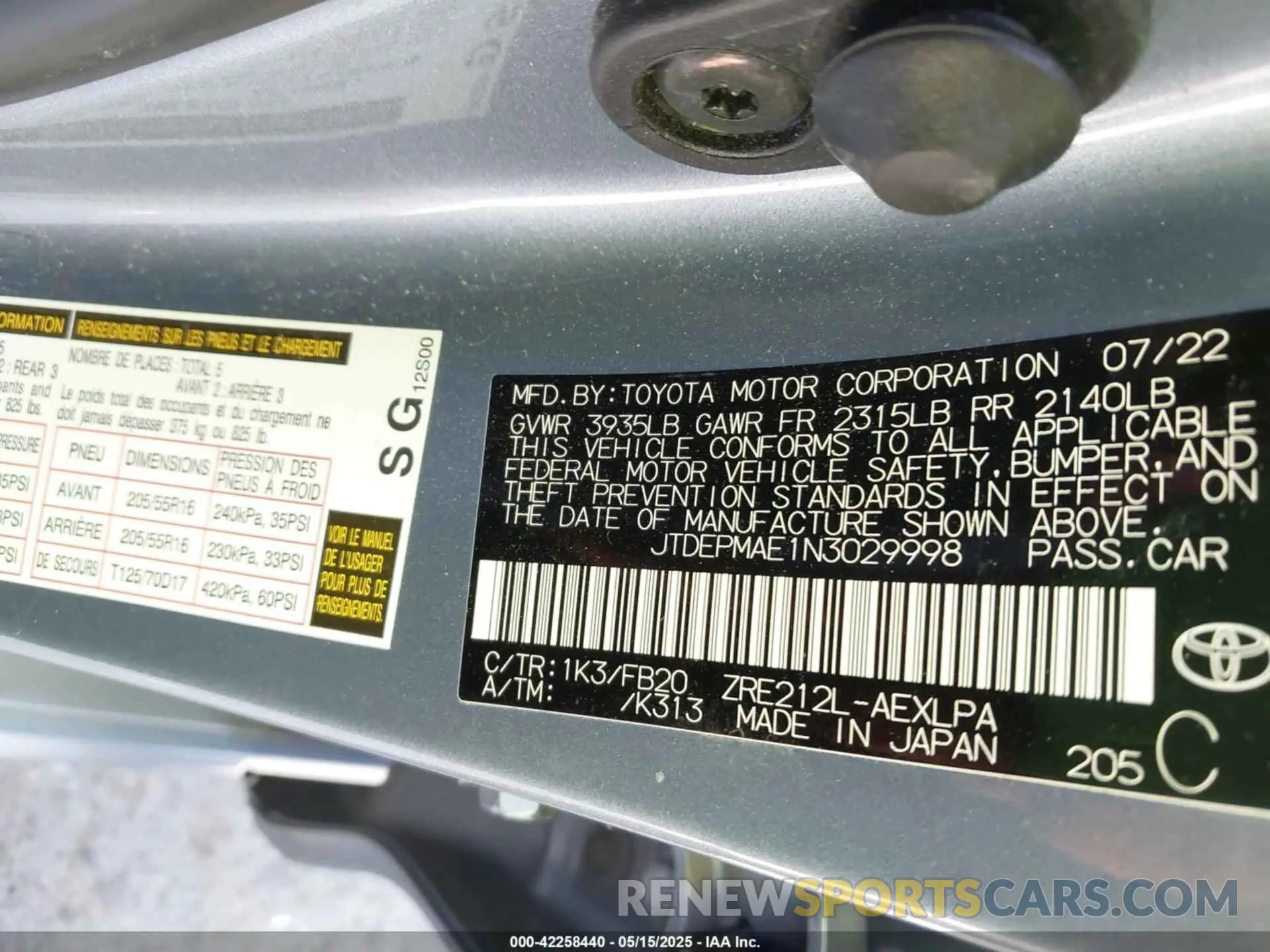 9 Photograph of a damaged car JTDEPMAE1N3029998 TOYOTA COROLLA 2022