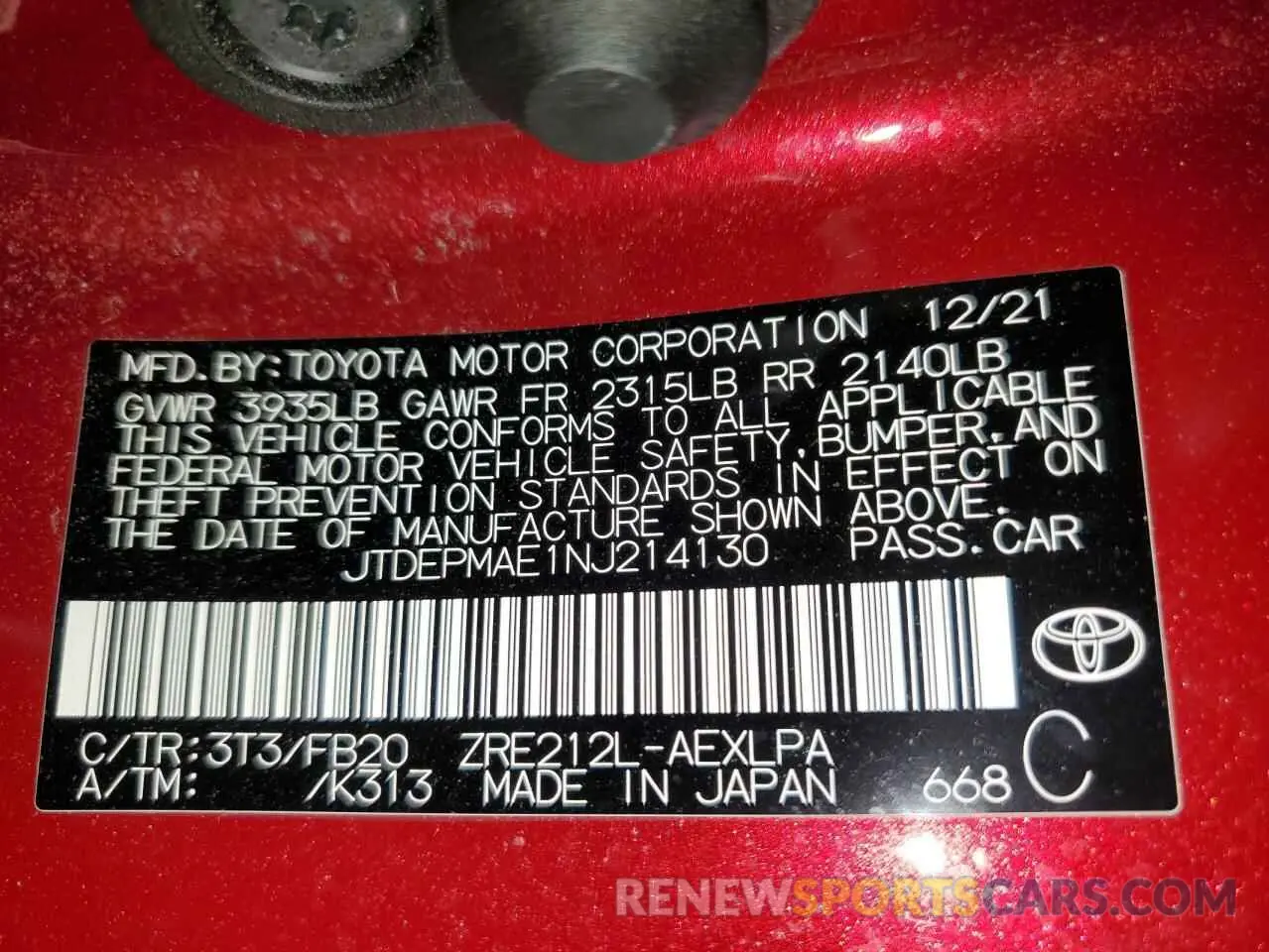 12 Photograph of a damaged car JTDEPMAE1NJ214130 TOYOTA COROLLA 2022