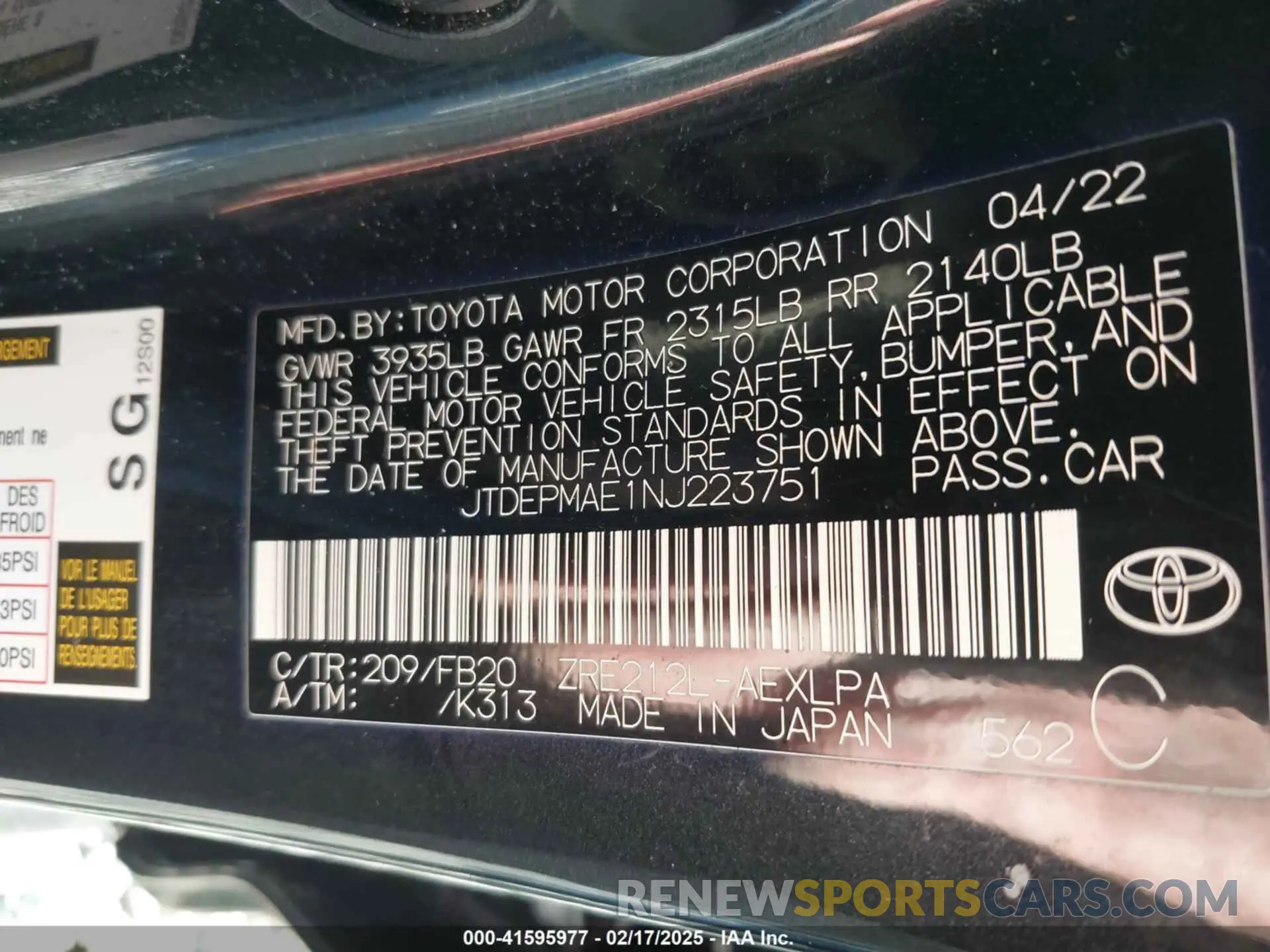 9 Photograph of a damaged car JTDEPMAE1NJ223751 TOYOTA COROLLA 2022