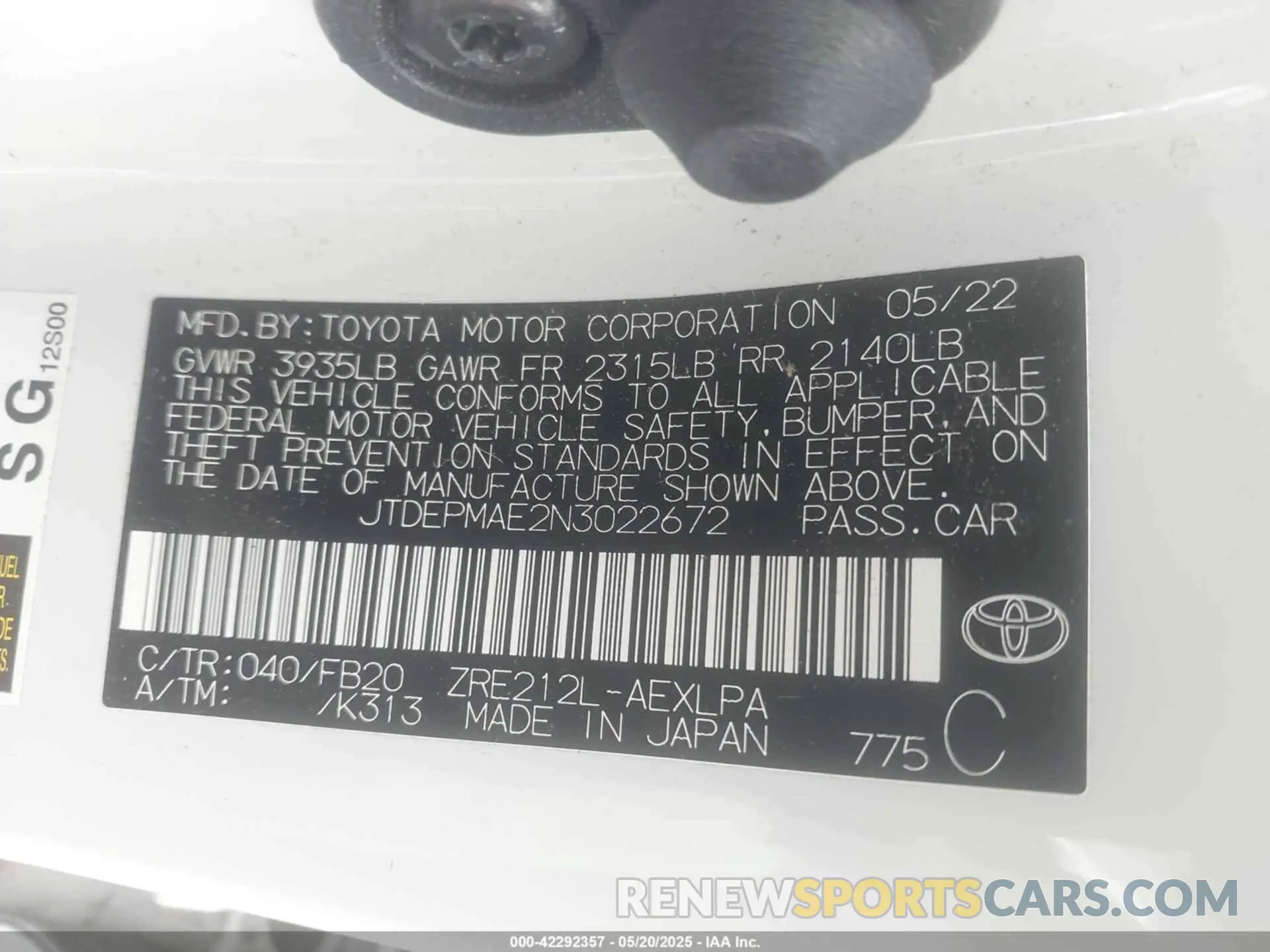 9 Photograph of a damaged car JTDEPMAE2N3022672 TOYOTA COROLLA 2022
