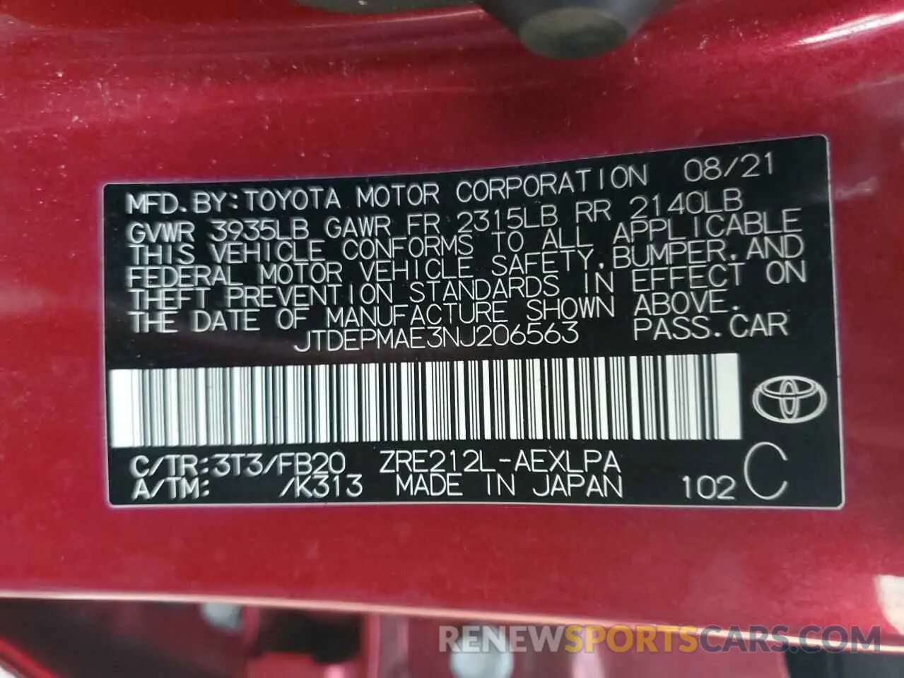 12 Photograph of a damaged car JTDEPMAE3NJ206563 TOYOTA COROLLA 2022