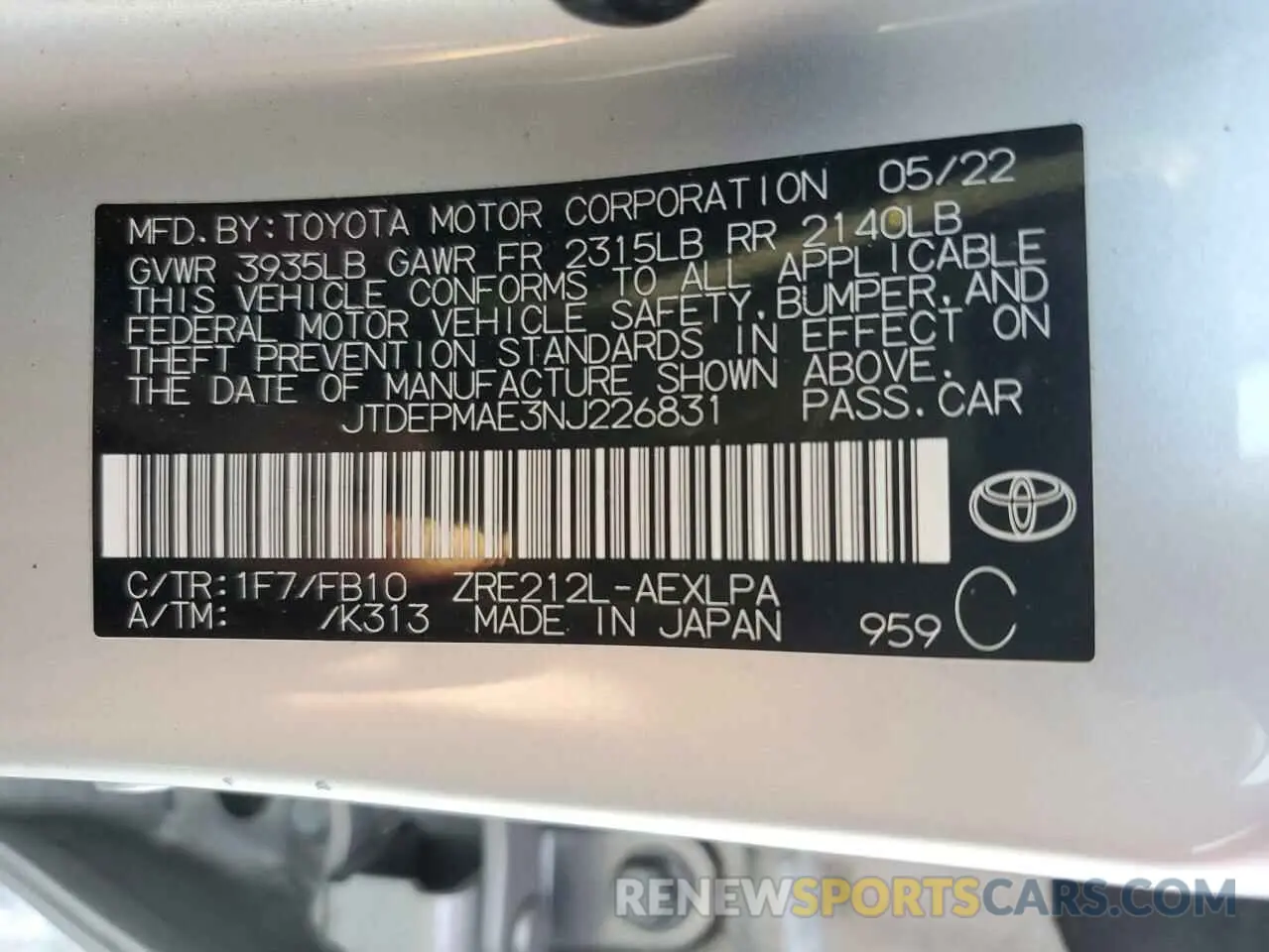 12 Photograph of a damaged car JTDEPMAE3NJ226831 TOYOTA COROLLA 2022