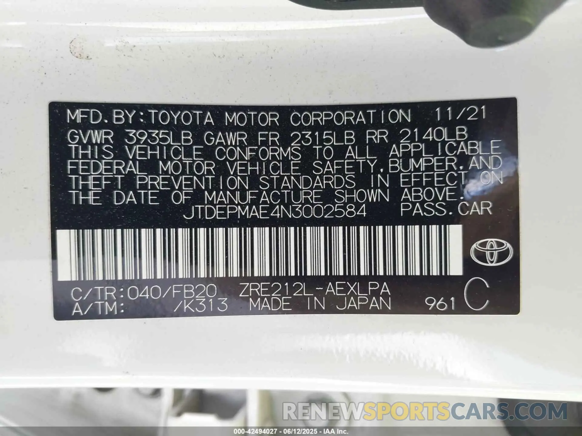 9 Photograph of a damaged car JTDEPMAE4N3002584 TOYOTA COROLLA 2022