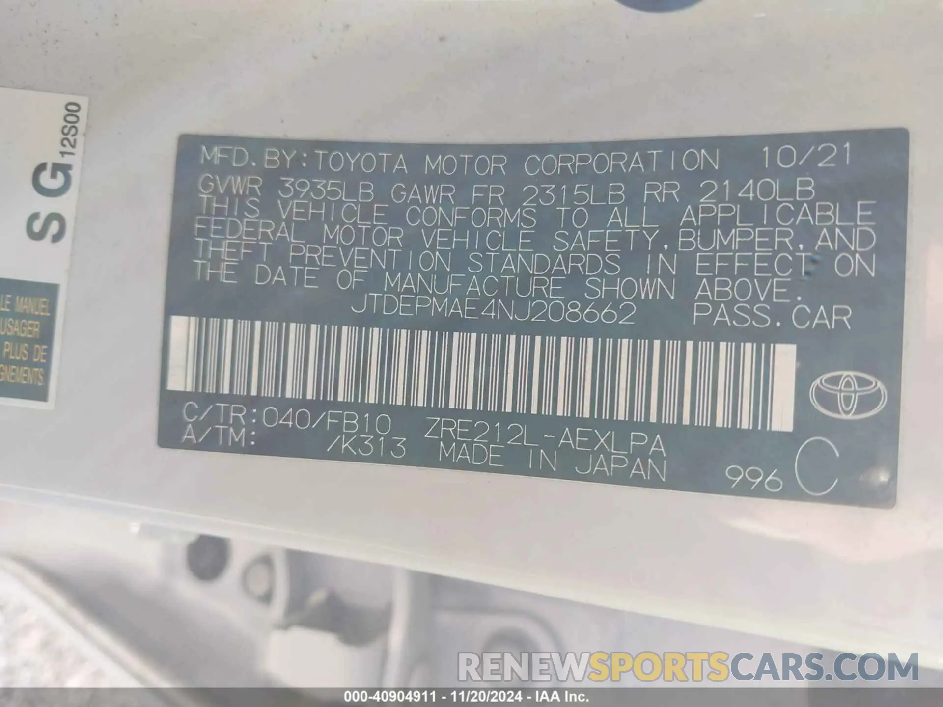 9 Photograph of a damaged car JTDEPMAE4NJ208662 TOYOTA COROLLA 2022