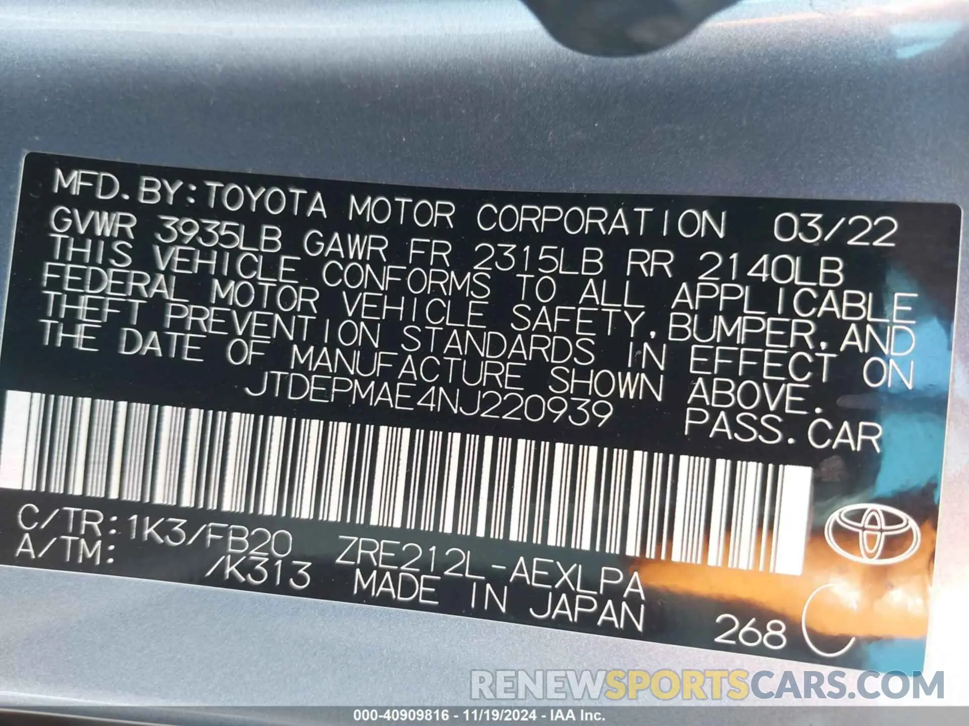 9 Photograph of a damaged car JTDEPMAE4NJ220939 TOYOTA COROLLA 2022