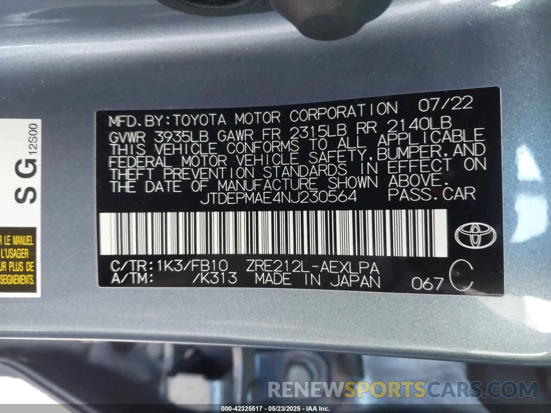9 Photograph of a damaged car JTDEPMAE4NJ230564 TOYOTA COROLLA 2022