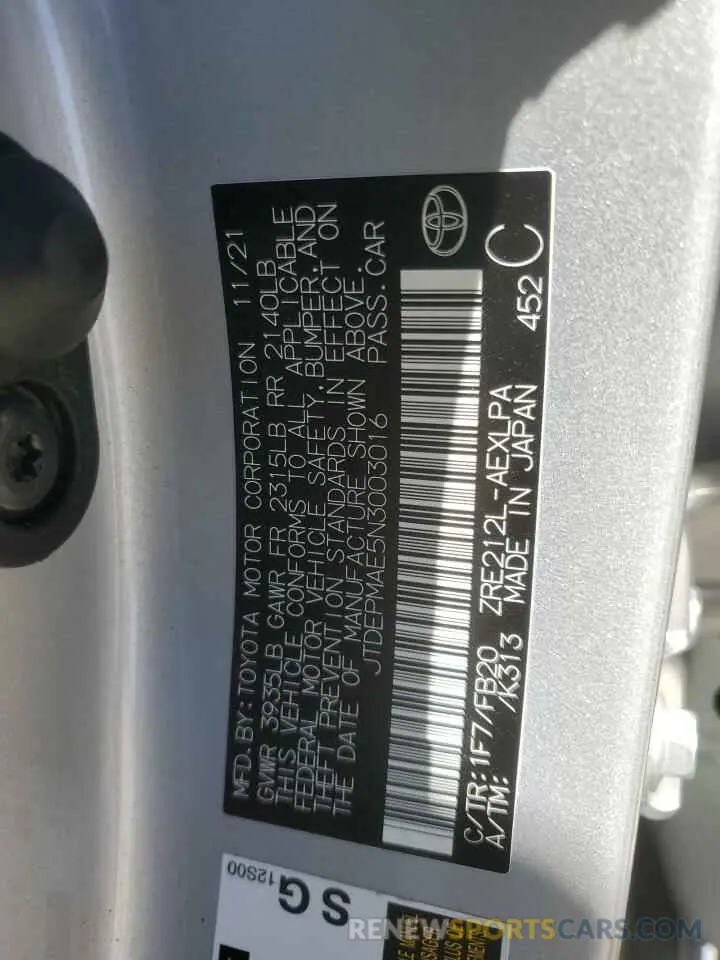 12 Photograph of a damaged car JTDEPMAE5N3003016 TOYOTA COROLLA 2022