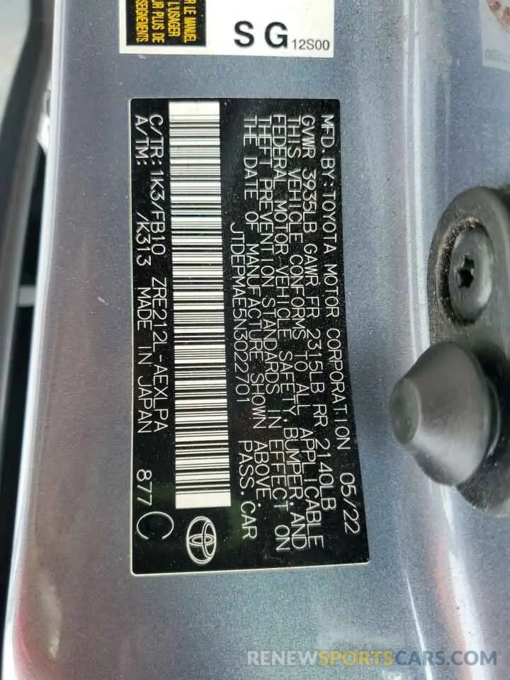 12 Photograph of a damaged car JTDEPMAE5N3022701 TOYOTA COROLLA 2022