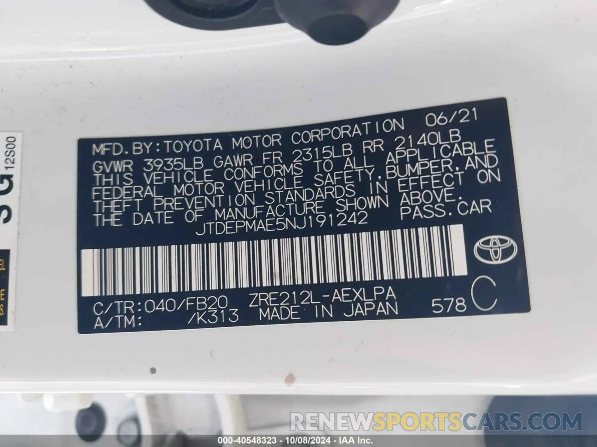 9 Photograph of a damaged car JTDEPMAE5NJ191242 TOYOTA COROLLA 2022