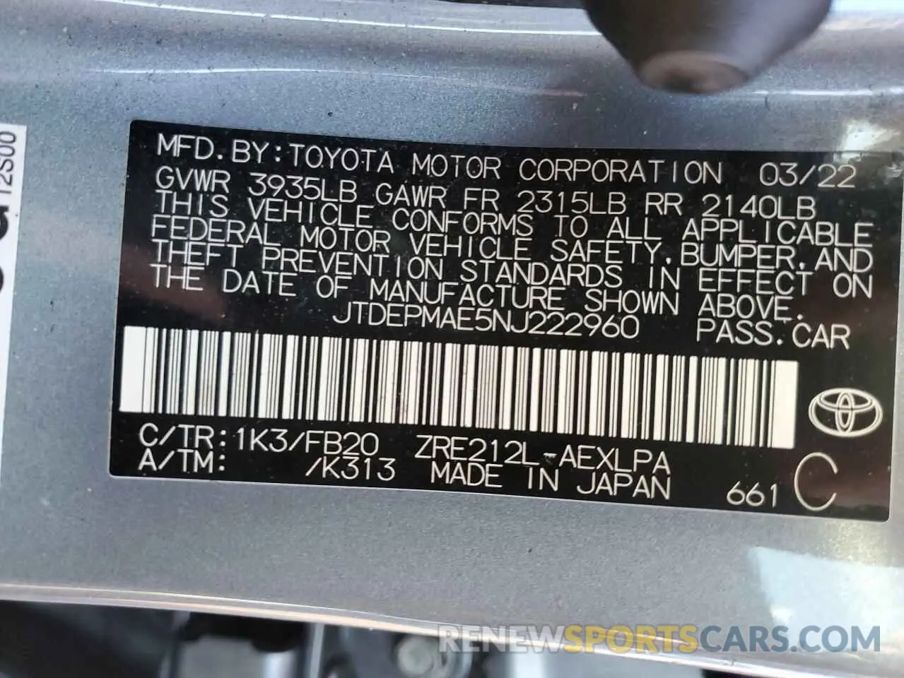 13 Photograph of a damaged car JTDEPMAE5NJ222960 TOYOTA COROLLA 2022