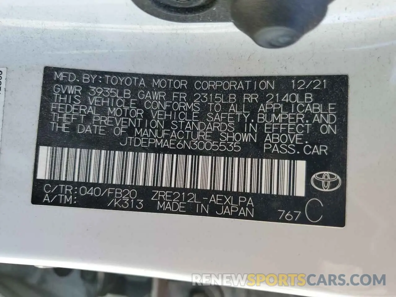 15 Photograph of a damaged car JTDEPMAE6N3005535 TOYOTA COROLLA 2022