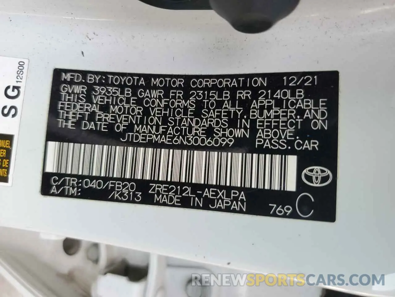 12 Photograph of a damaged car JTDEPMAE6N3006099 TOYOTA COROLLA 2022