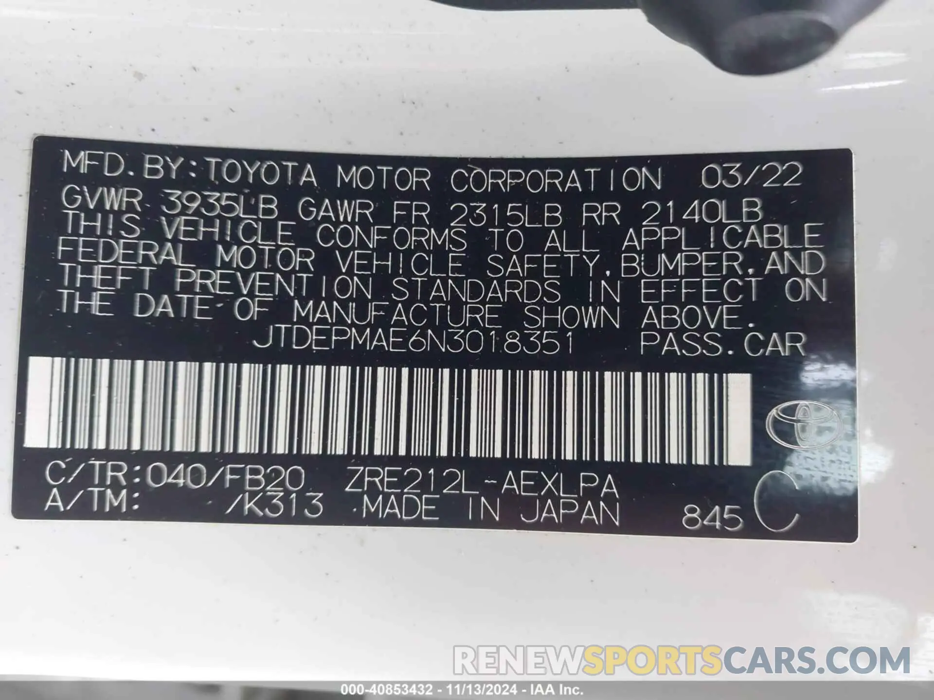 9 Photograph of a damaged car JTDEPMAE6N3018351 TOYOTA COROLLA 2022