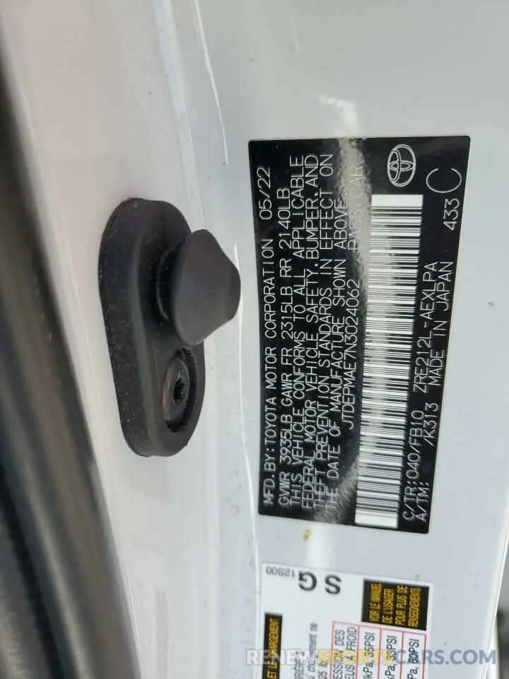 12 Photograph of a damaged car JTDEPMAE7N3024062 TOYOTA COROLLA 2022