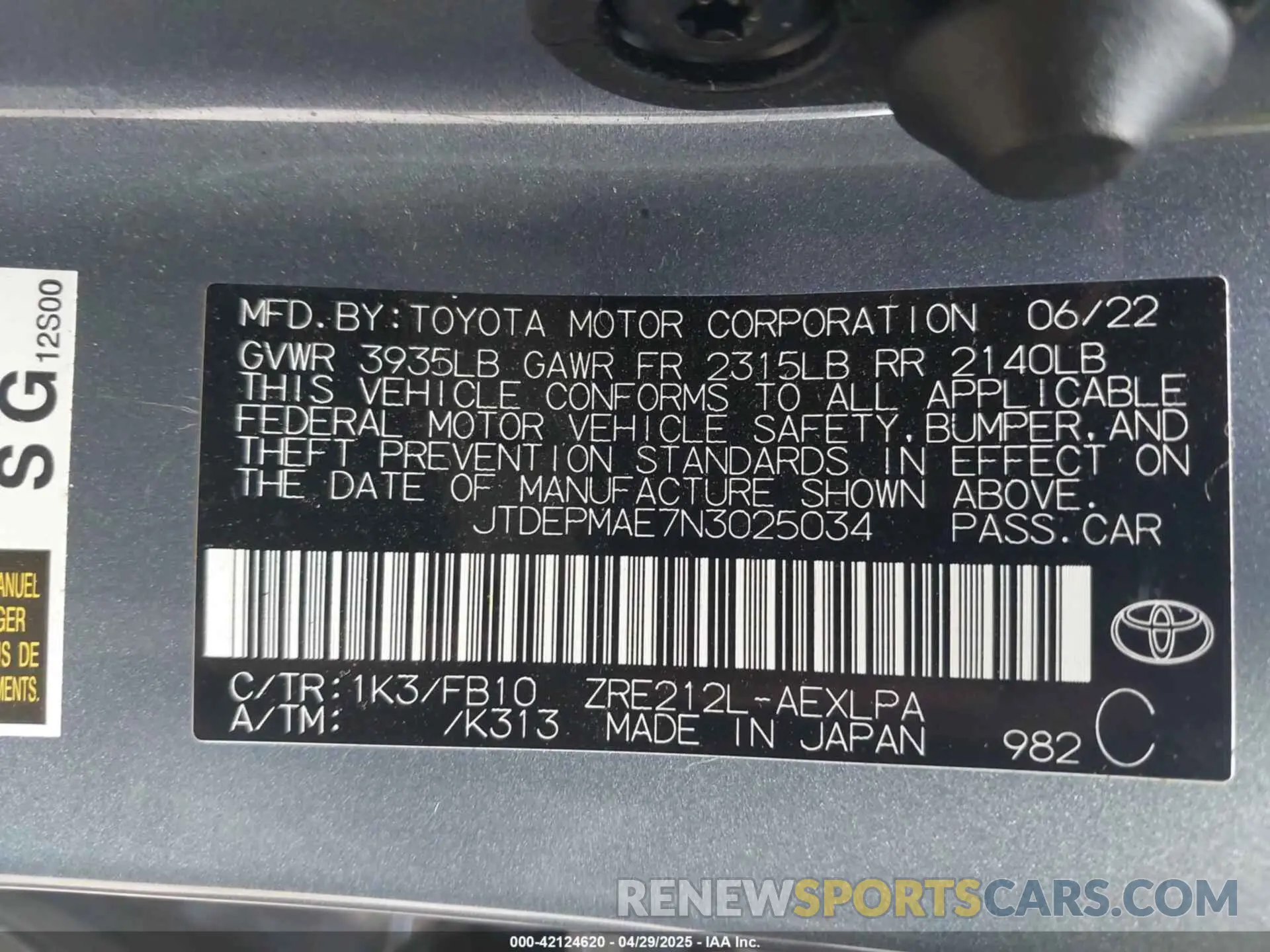 9 Photograph of a damaged car JTDEPMAE7N3025034 TOYOTA COROLLA 2022