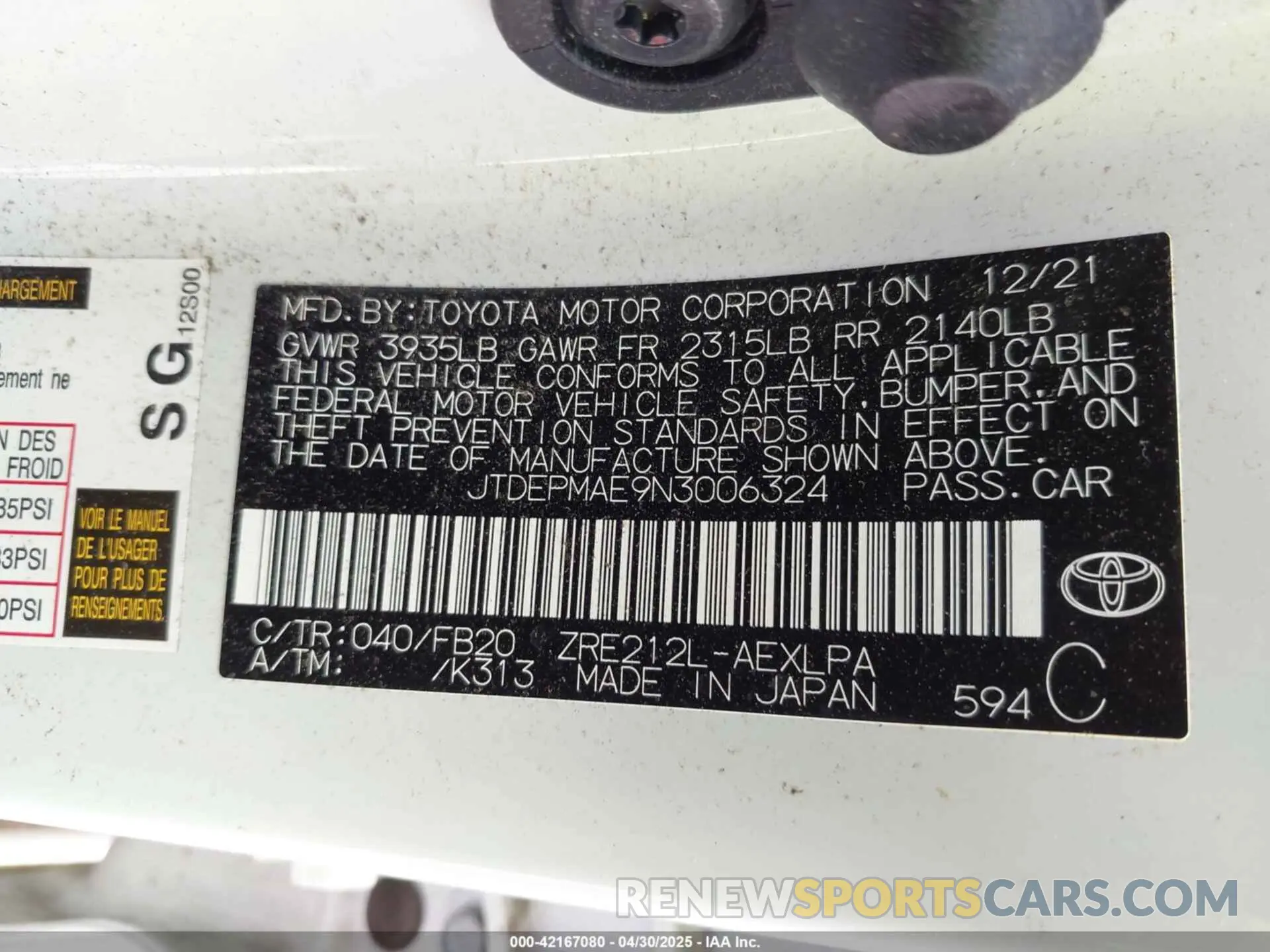 9 Photograph of a damaged car JTDEPMAE9N3006324 TOYOTA COROLLA 2022