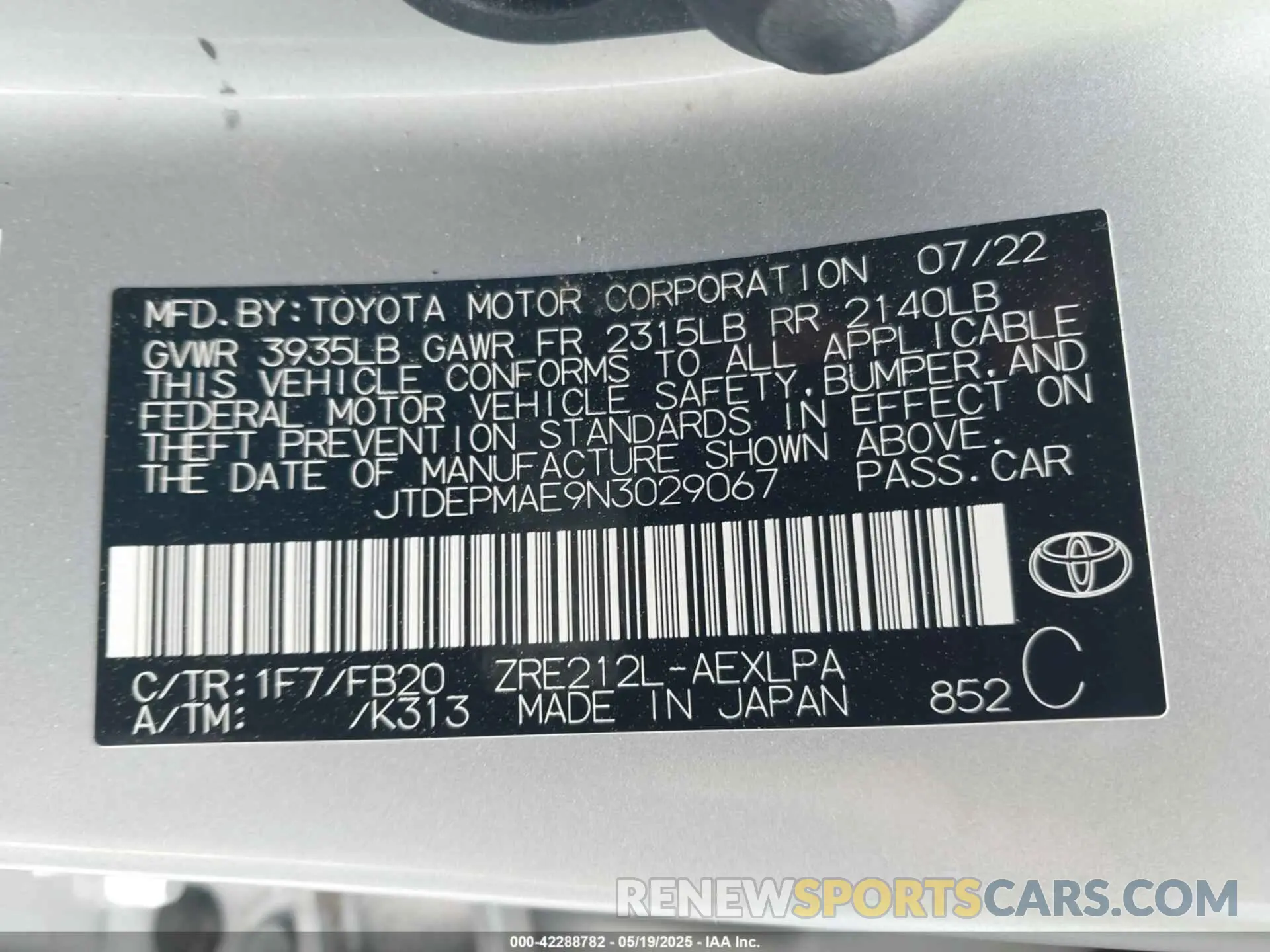 9 Photograph of a damaged car JTDEPMAE9N3029067 TOYOTA COROLLA 2022