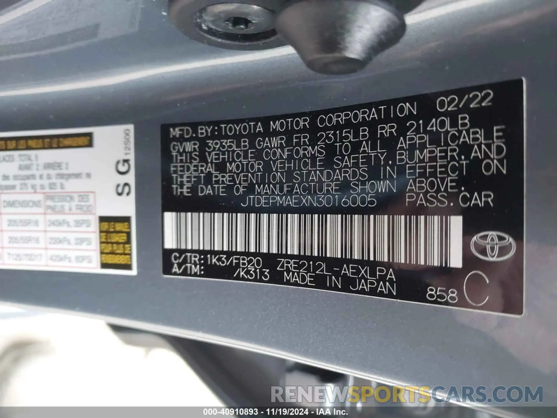 9 Photograph of a damaged car JTDEPMAEXN3016005 TOYOTA COROLLA 2022