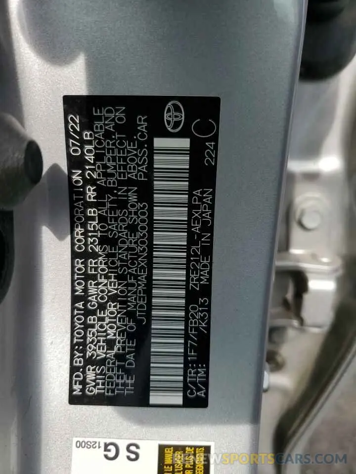 12 Photograph of a damaged car JTDEPMAEXN3030003 TOYOTA COROLLA 2022