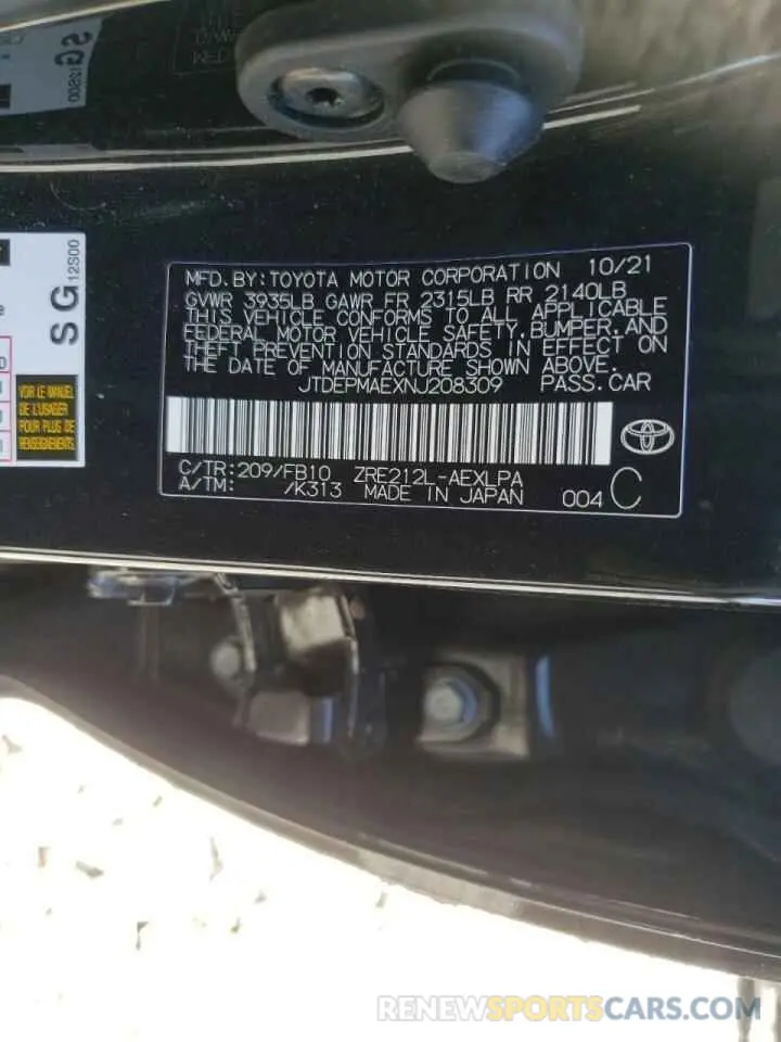 10 Photograph of a damaged car JTDEPMAEXNJ208309 TOYOTA COROLLA 2022