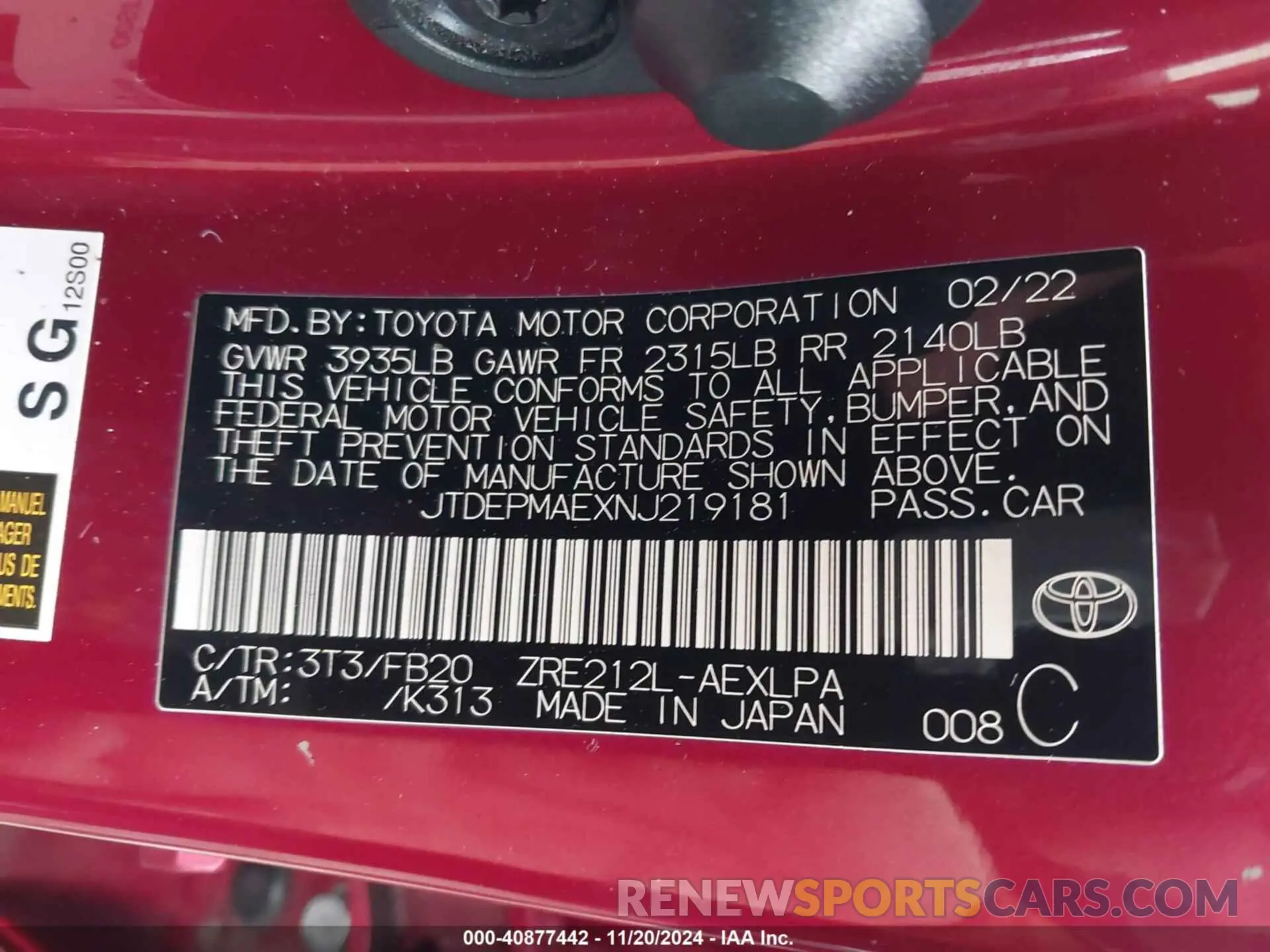 9 Photograph of a damaged car JTDEPMAEXNJ219181 TOYOTA COROLLA 2022