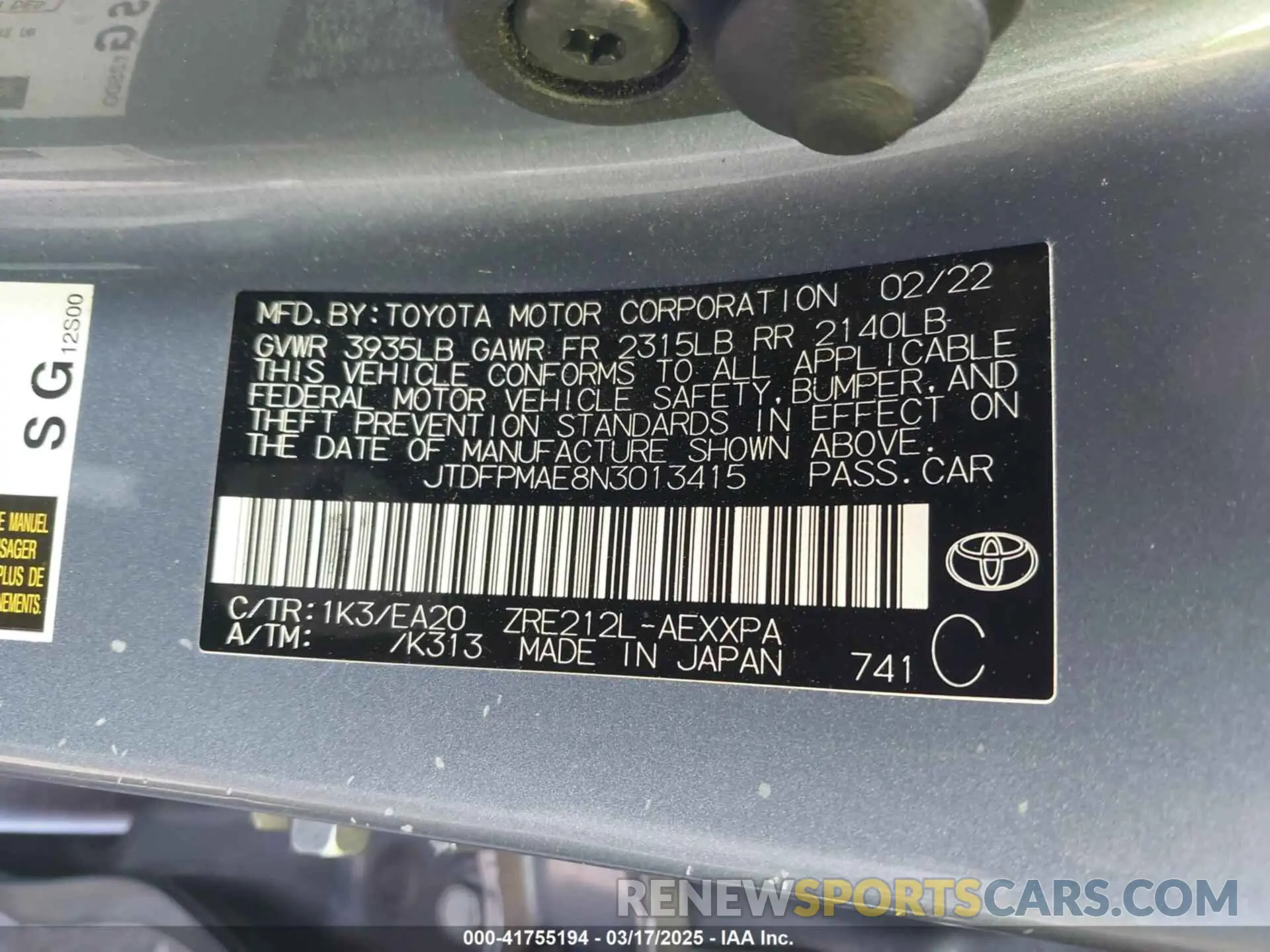 9 Photograph of a damaged car JTDFPMAE8N3013415 TOYOTA COROLLA 2022