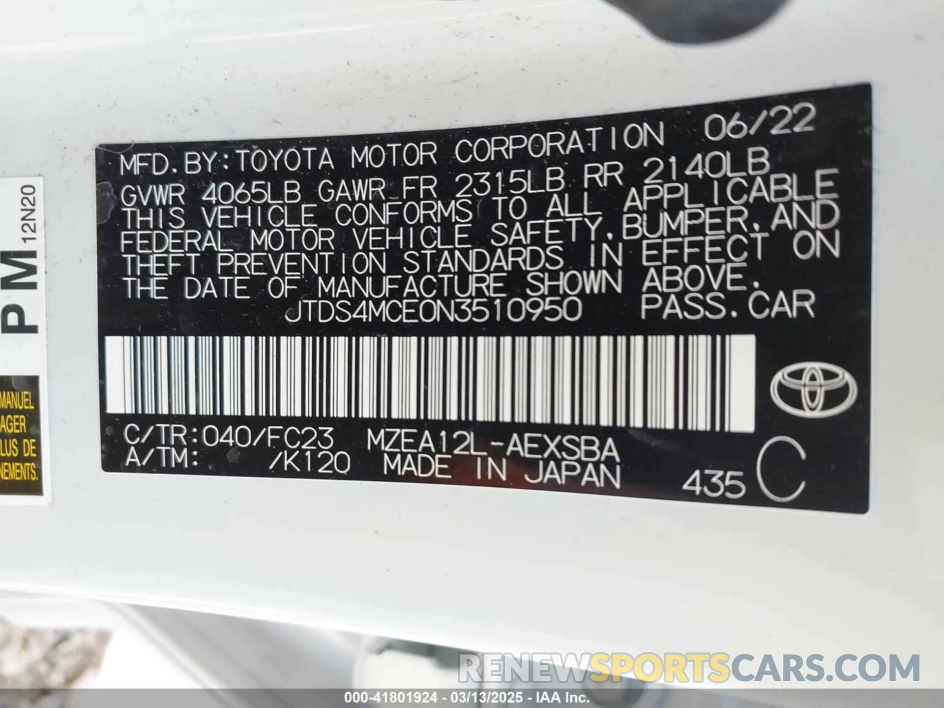 9 Photograph of a damaged car JTDS4MCE0N3510950 TOYOTA COROLLA 2022