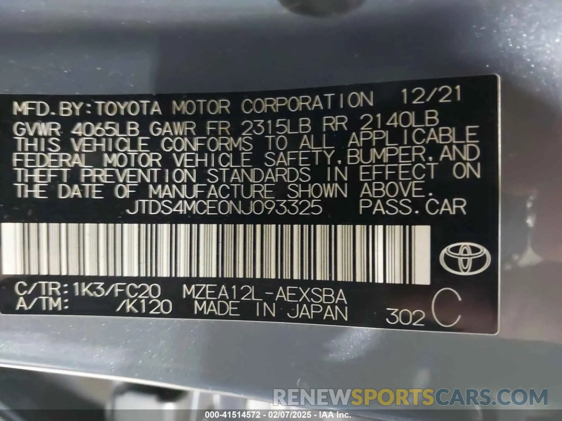 9 Photograph of a damaged car JTDS4MCE0NJ093325 TOYOTA COROLLA 2022