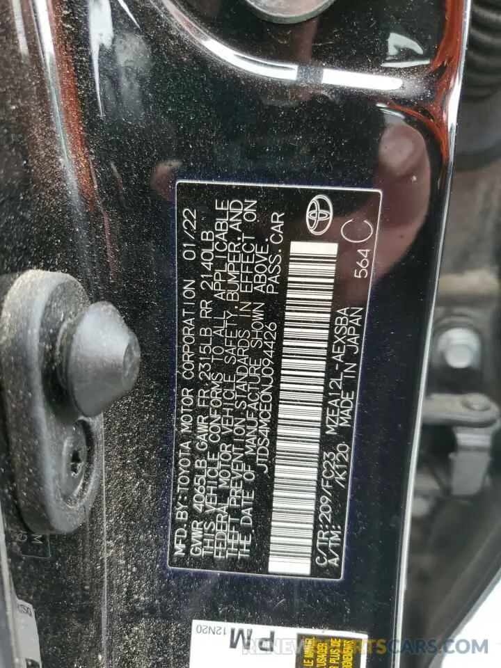 12 Photograph of a damaged car JTDS4MCE0NJ094426 TOYOTA COROLLA 2022