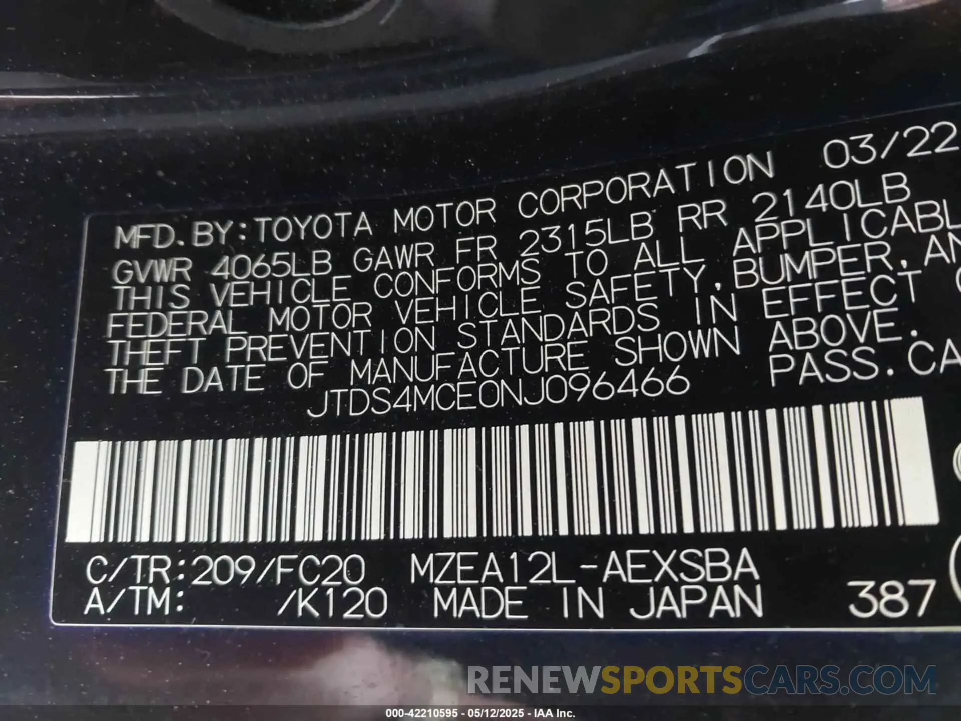 9 Photograph of a damaged car JTDS4MCE0NJ096466 TOYOTA COROLLA 2022