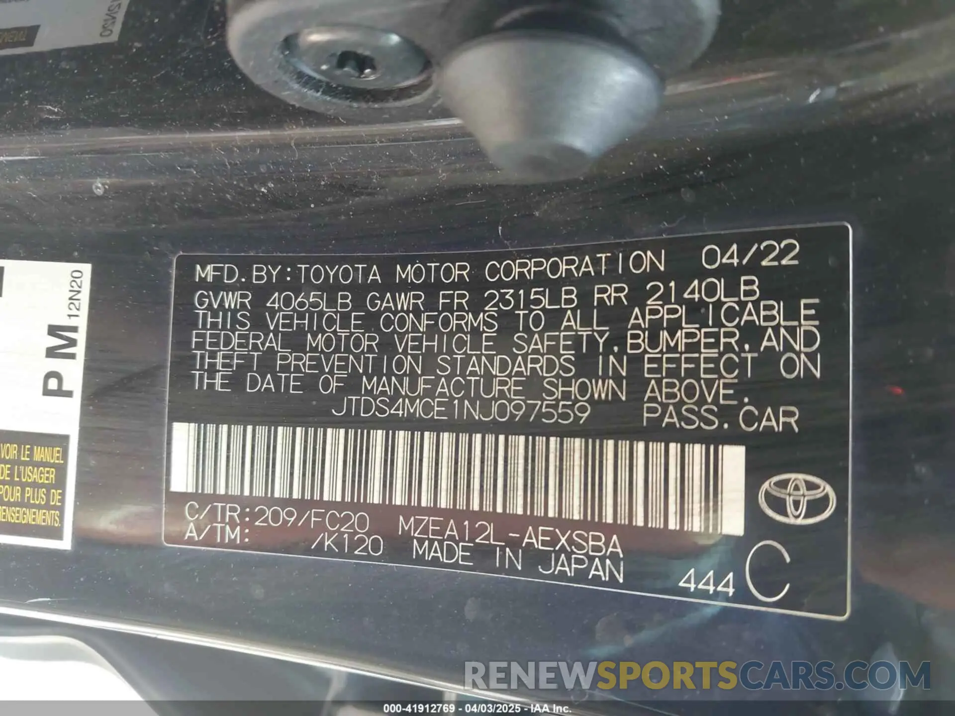 9 Photograph of a damaged car JTDS4MCE1NJ097559 TOYOTA COROLLA 2022