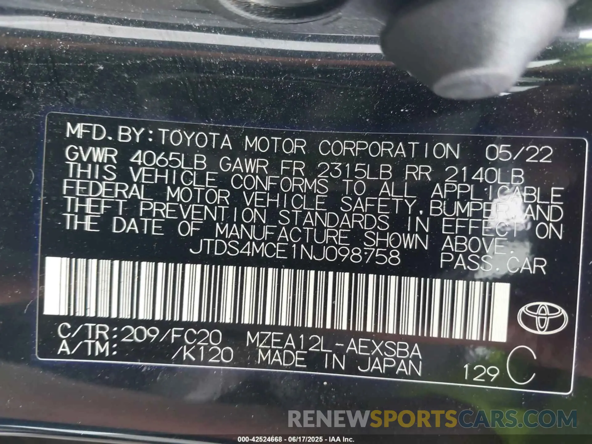9 Photograph of a damaged car JTDS4MCE1NJ098758 TOYOTA COROLLA 2022
