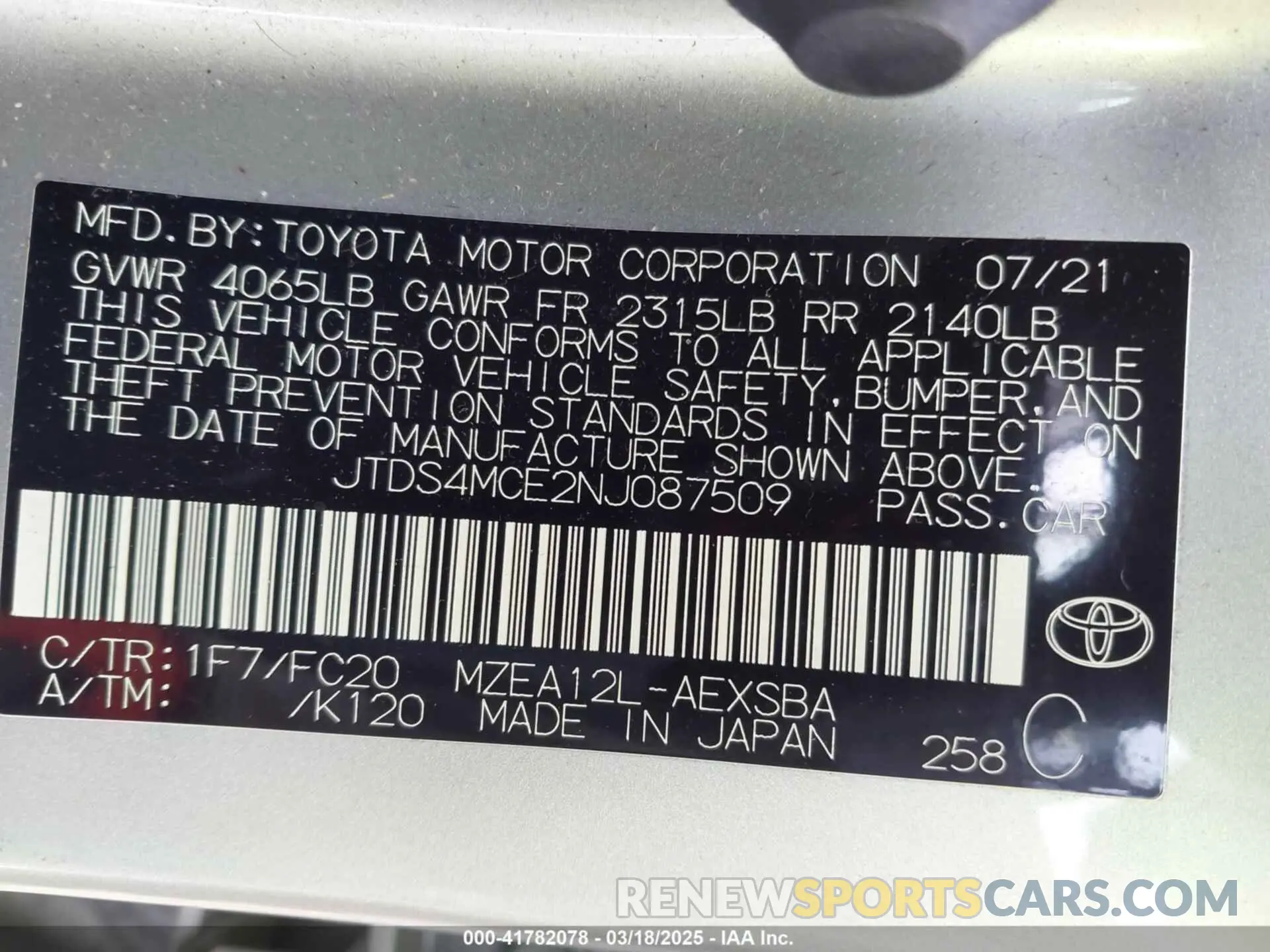 9 Photograph of a damaged car JTDS4MCE2NJ087509 TOYOTA COROLLA 2022