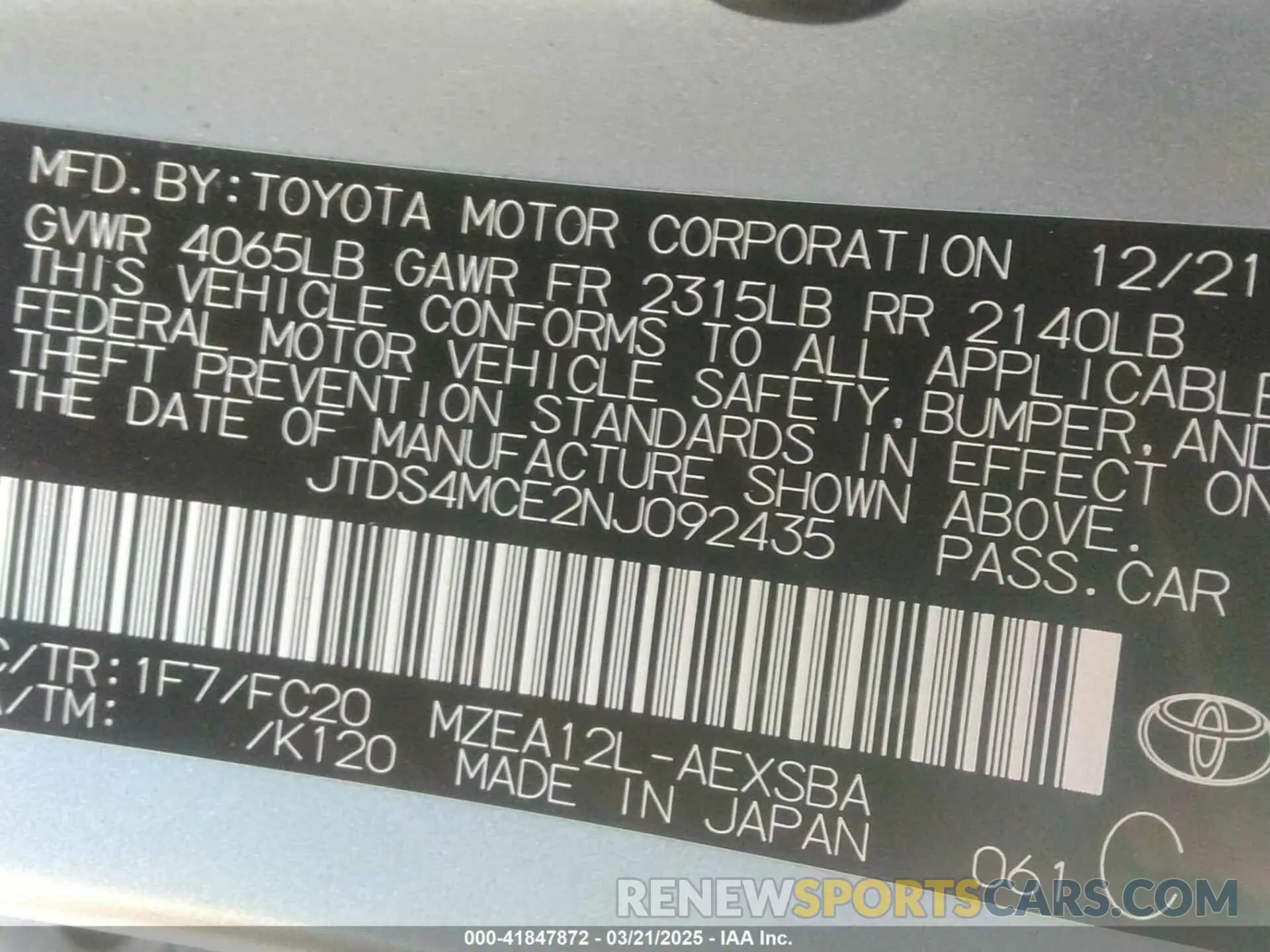 9 Photograph of a damaged car JTDS4MCE2NJ092435 TOYOTA COROLLA 2022