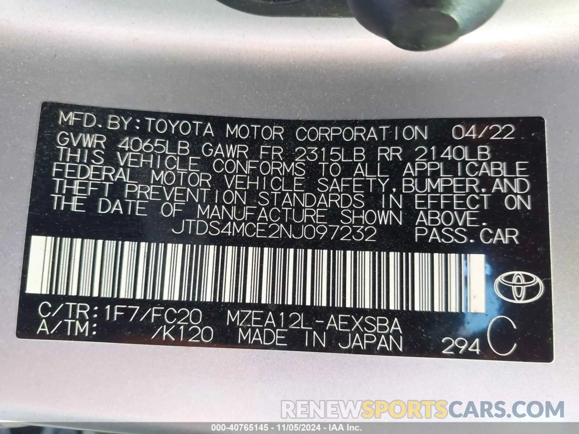 9 Photograph of a damaged car JTDS4MCE2NJ097232 TOYOTA COROLLA 2022