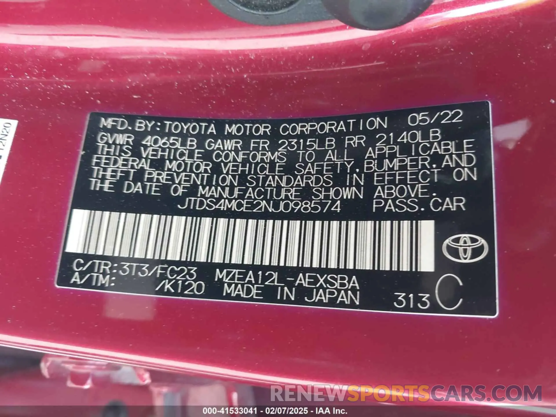 9 Photograph of a damaged car JTDS4MCE2NJ098574 TOYOTA COROLLA 2022