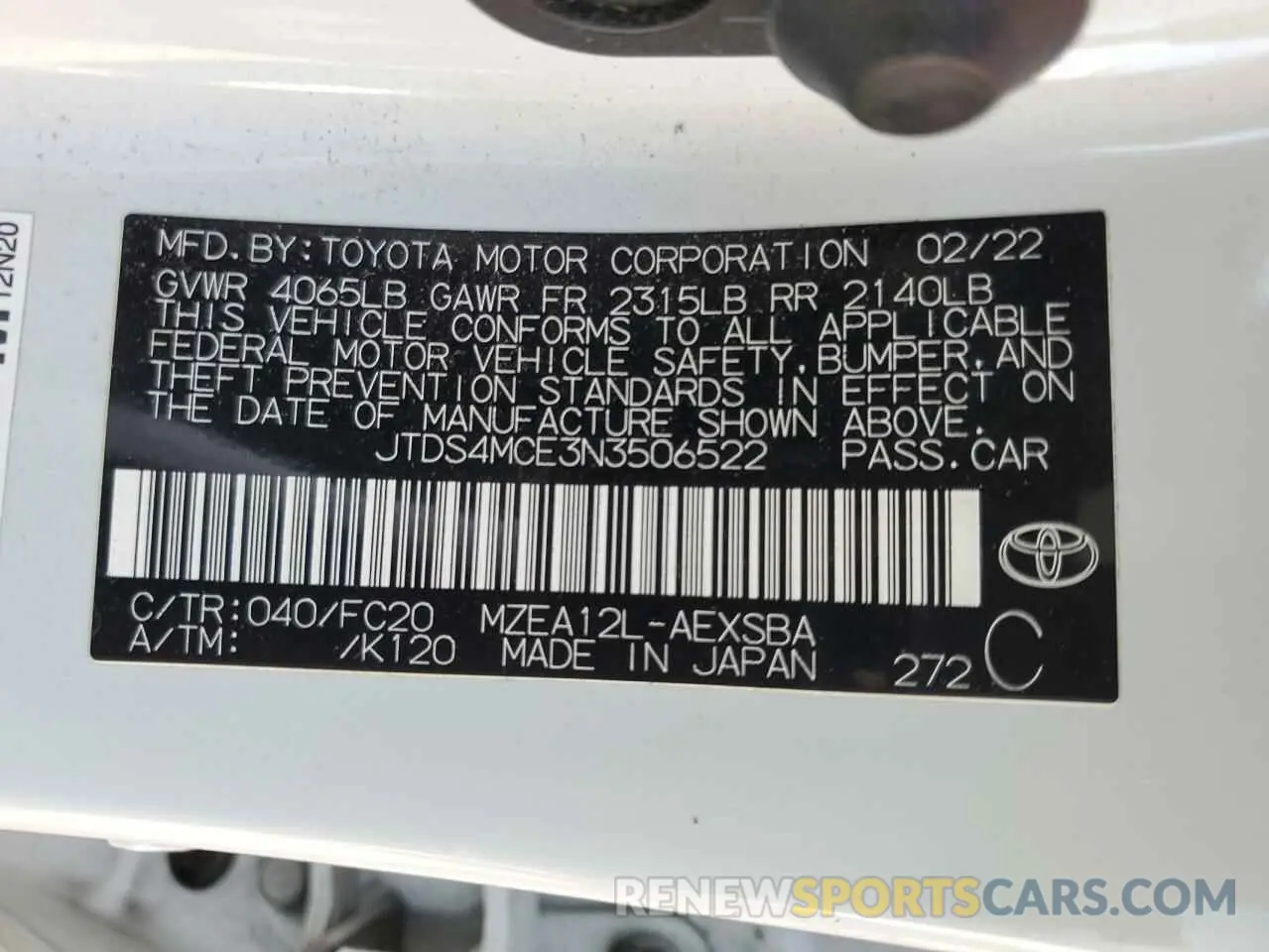 14 Photograph of a damaged car JTDS4MCE3N3506522 TOYOTA COROLLA 2022
