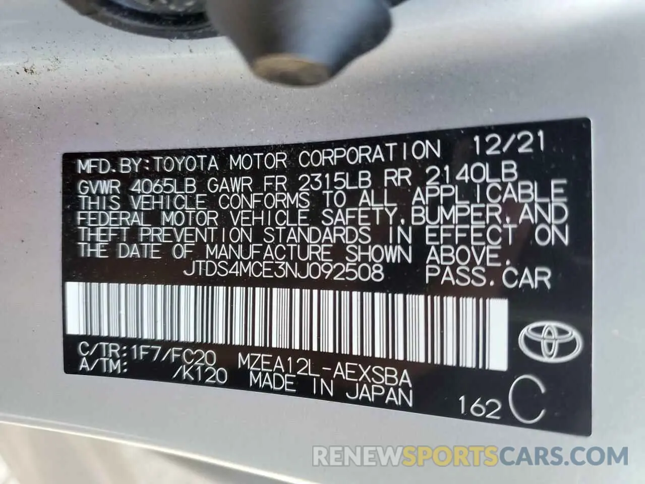 12 Photograph of a damaged car JTDS4MCE3NJ092508 TOYOTA COROLLA 2022