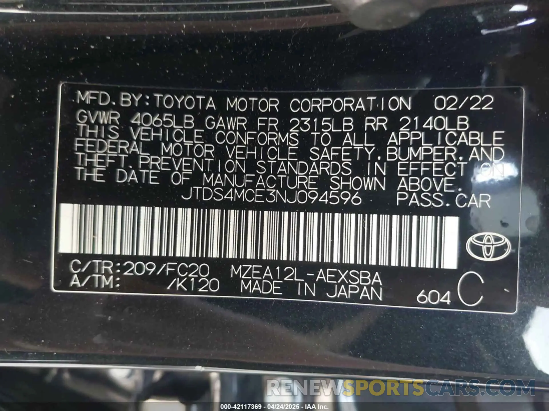 9 Photograph of a damaged car JTDS4MCE3NJ094596 TOYOTA COROLLA 2022