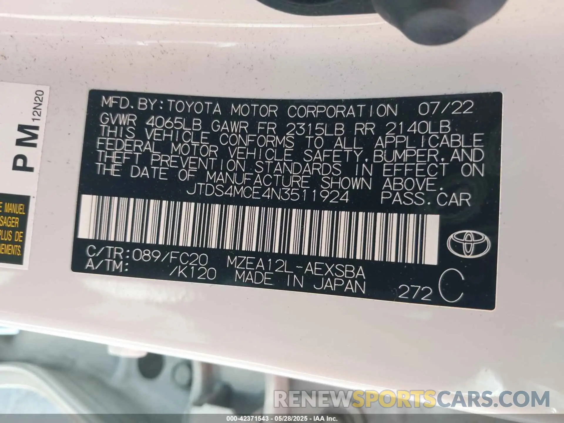 9 Photograph of a damaged car JTDS4MCE4N3511924 TOYOTA COROLLA 2022