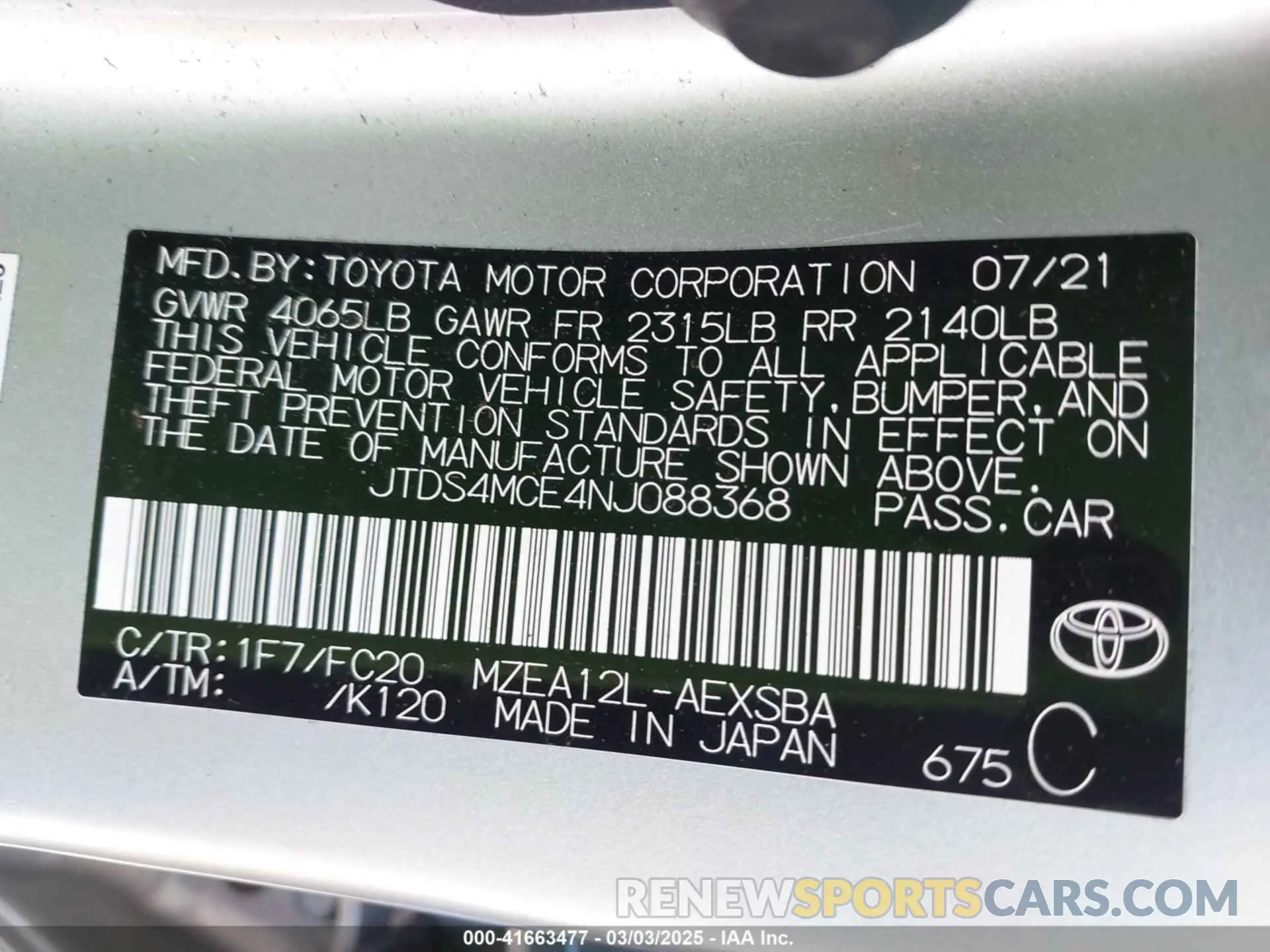 9 Photograph of a damaged car JTDS4MCE4NJ088368 TOYOTA COROLLA 2022