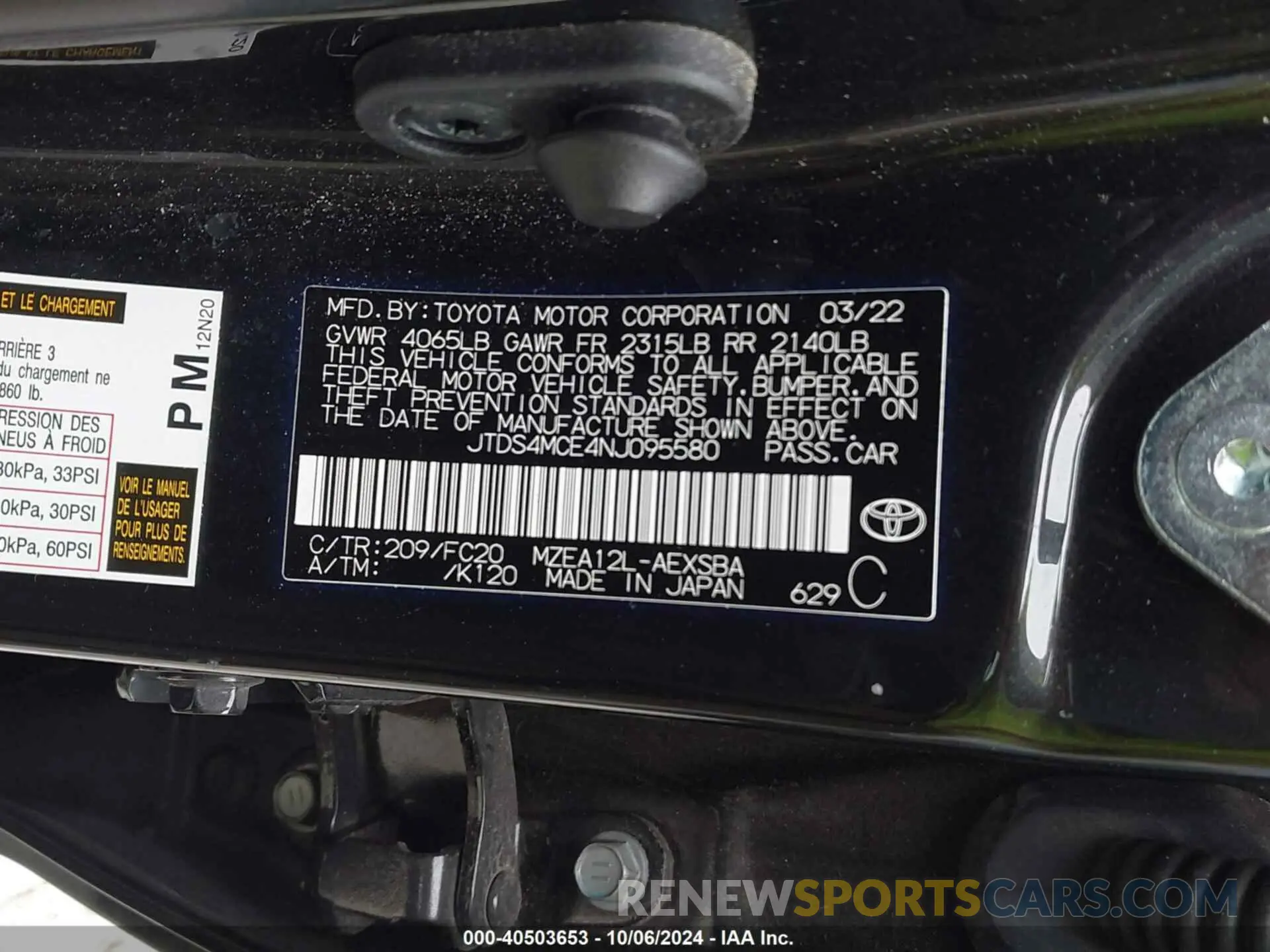9 Photograph of a damaged car JTDS4MCE4NJ095580 TOYOTA COROLLA 2022